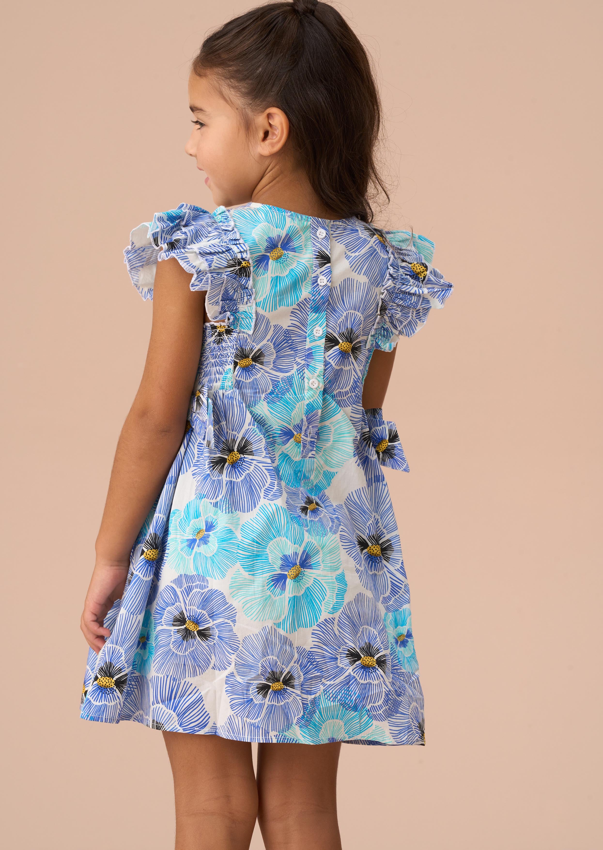 print blue side bow shirred panel dress