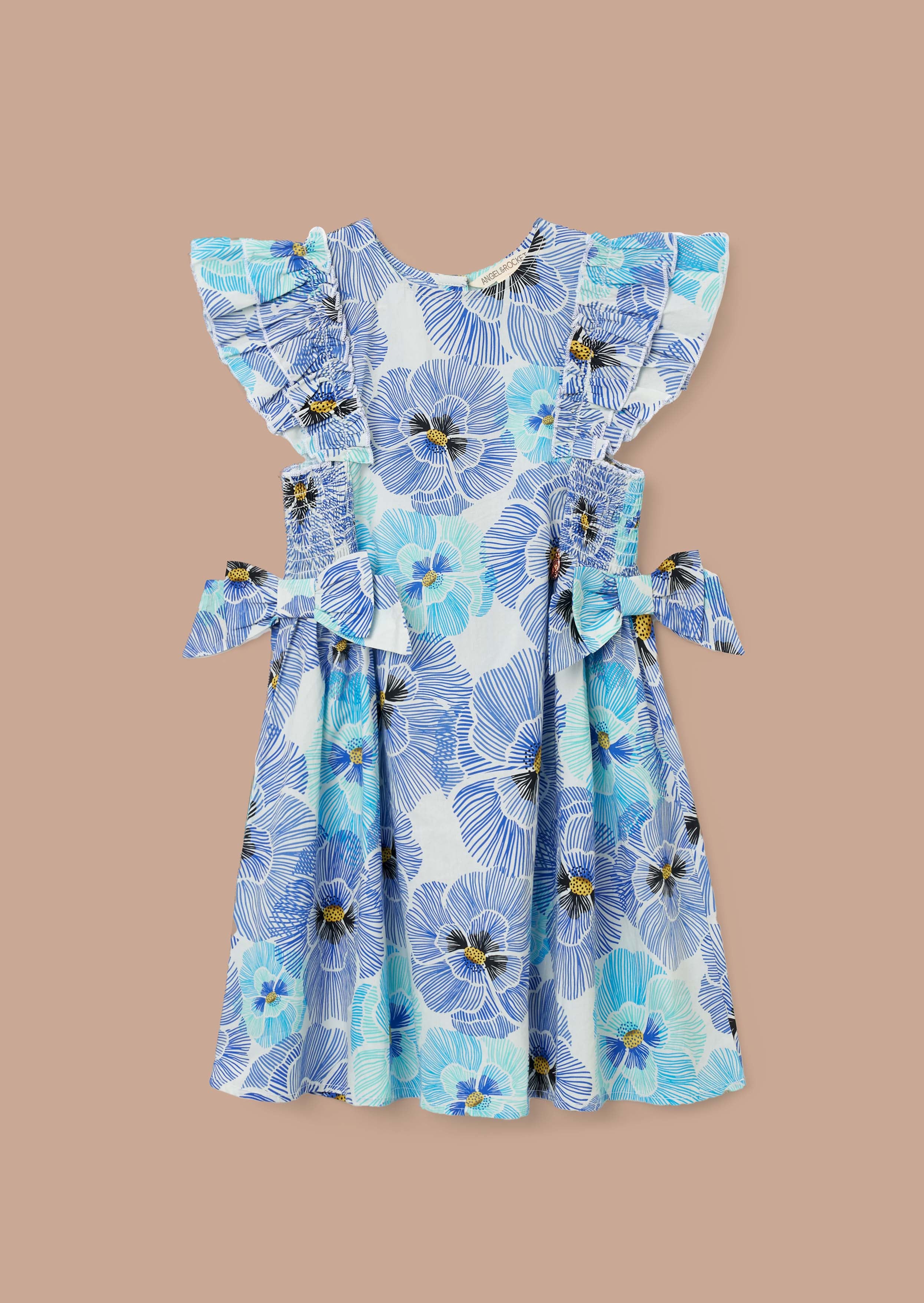 Blue Side Bow Shirred Panel Dress