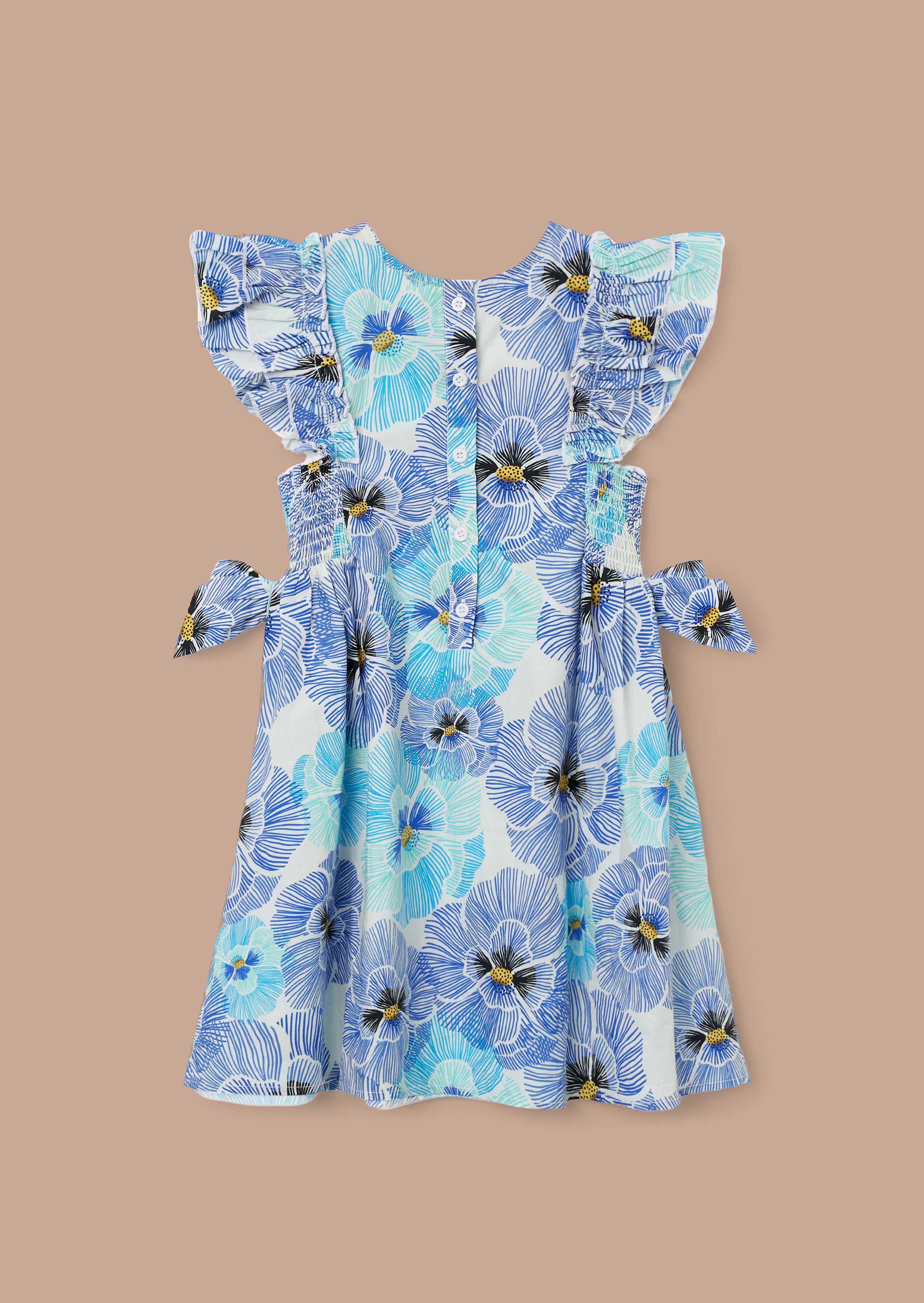 round neck blue side bow shirred panel dress