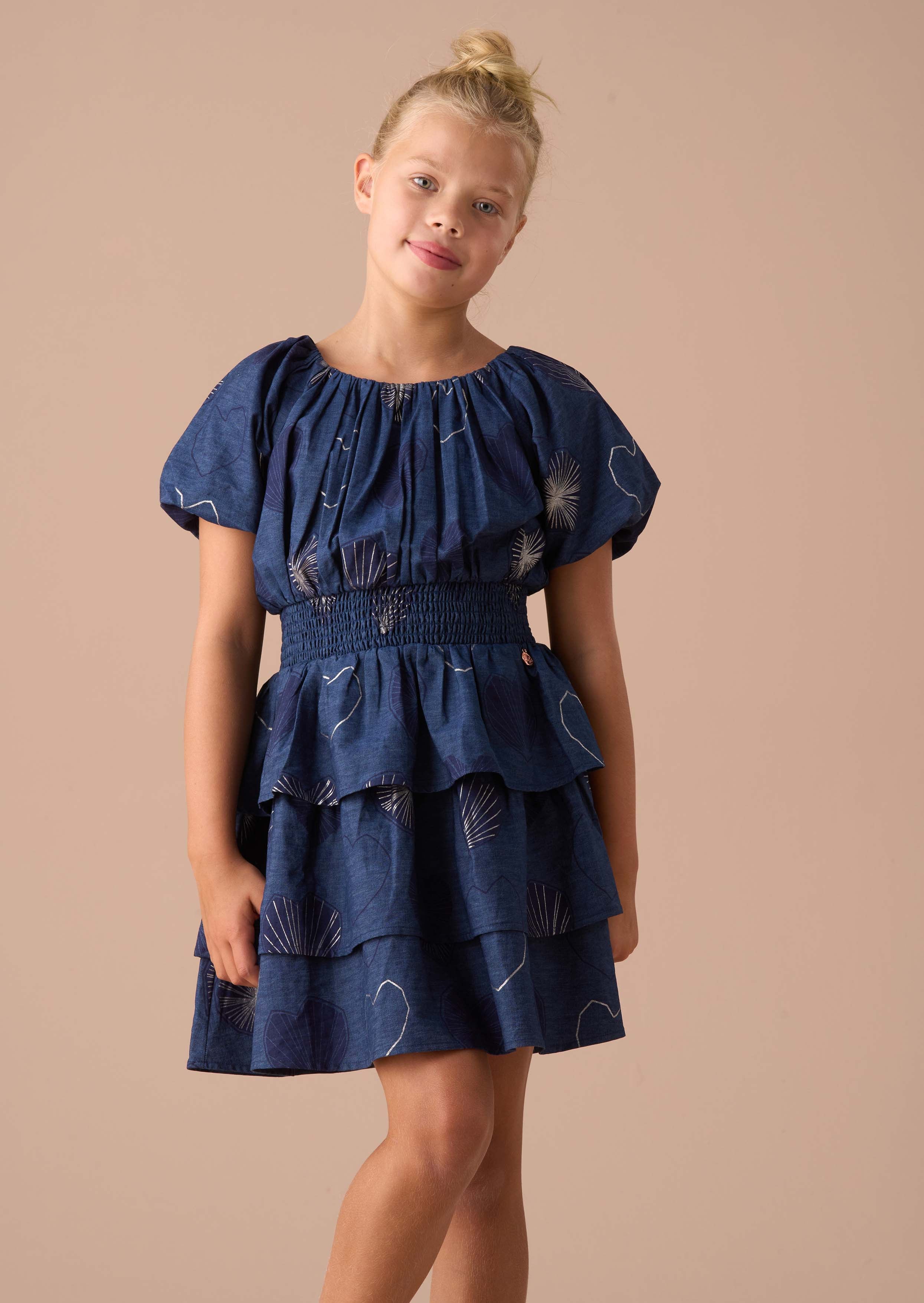 maxi girls blue foil print denim tiered dress