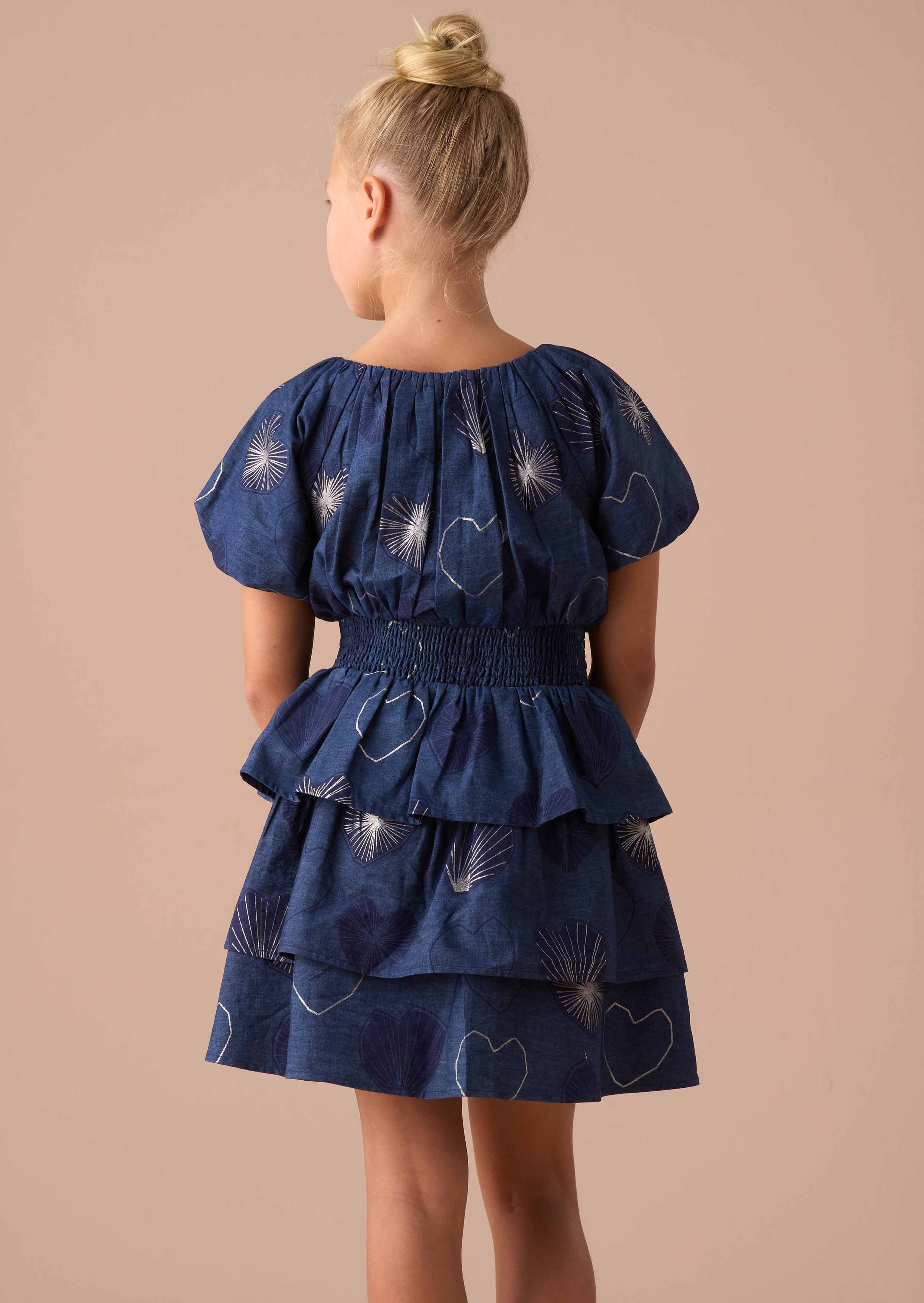 cotton girls Blue Foil Print Denim Tiered Puffball Sleeve Dress