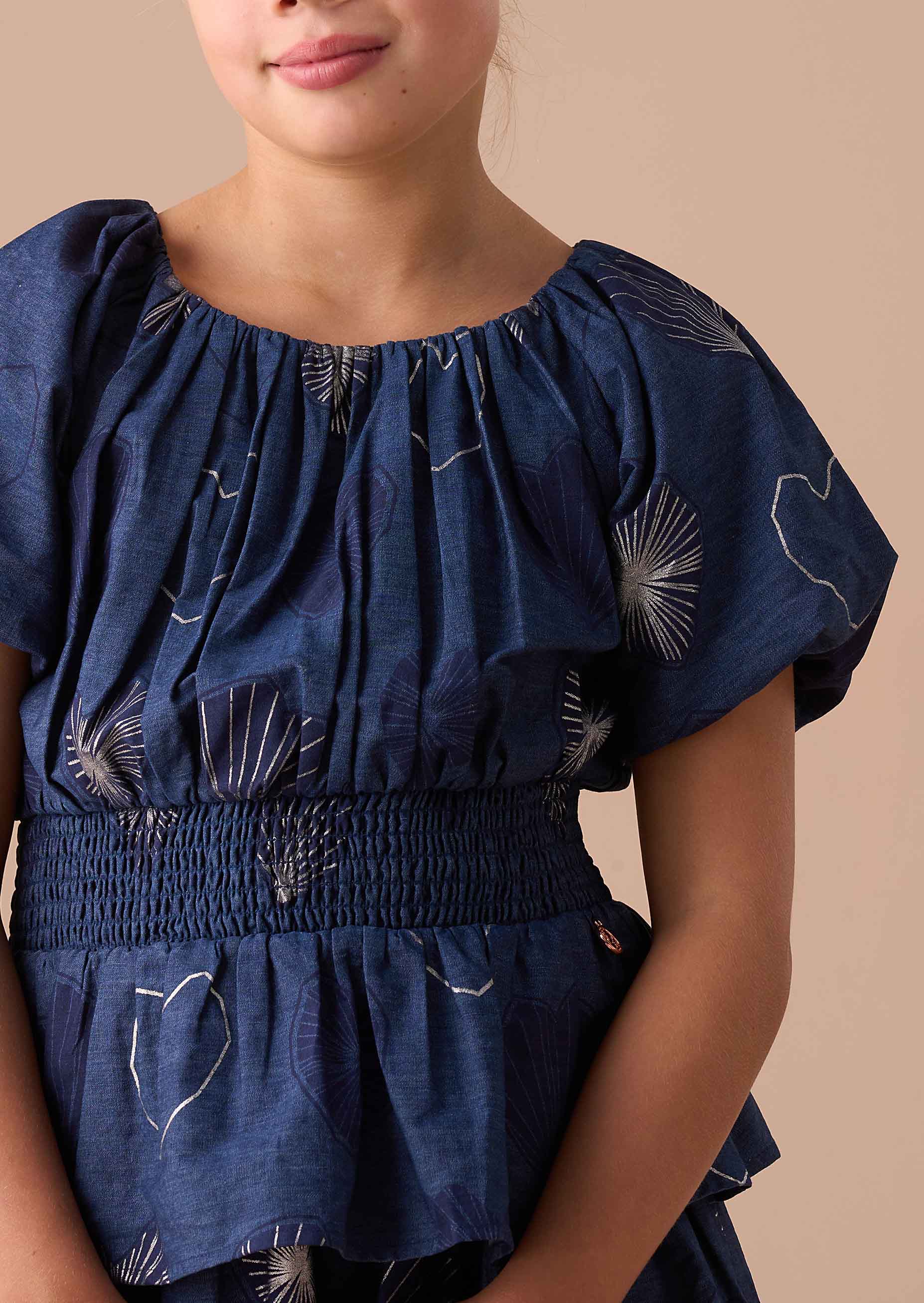 midi girls blue foil print denim tiered dress