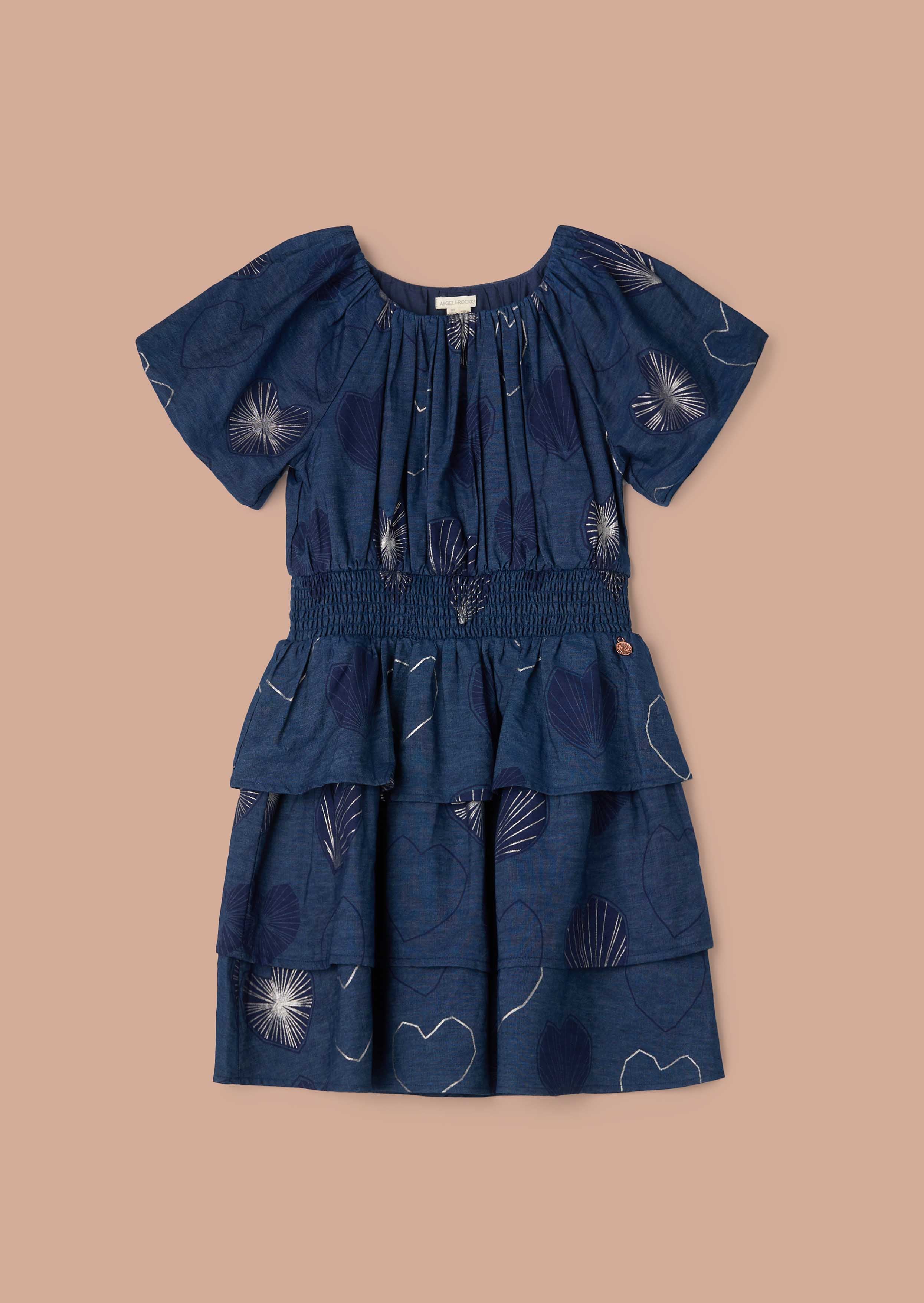 online girls Blue Foil Print Denim Tiered Puffball Sleeve Dress