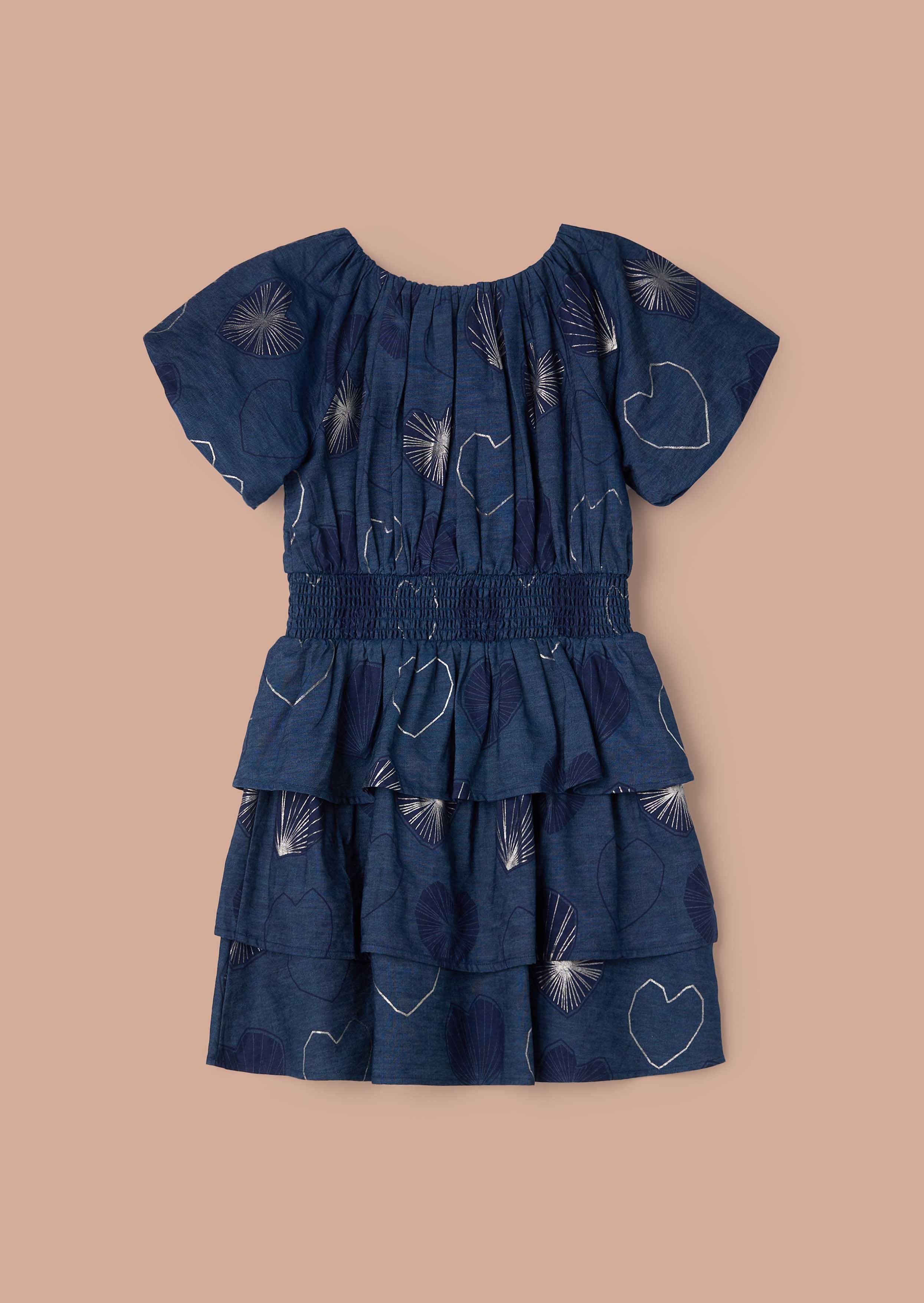 buy girls Blue Foil Print Denim Tiered Puffball Sleeve Dress