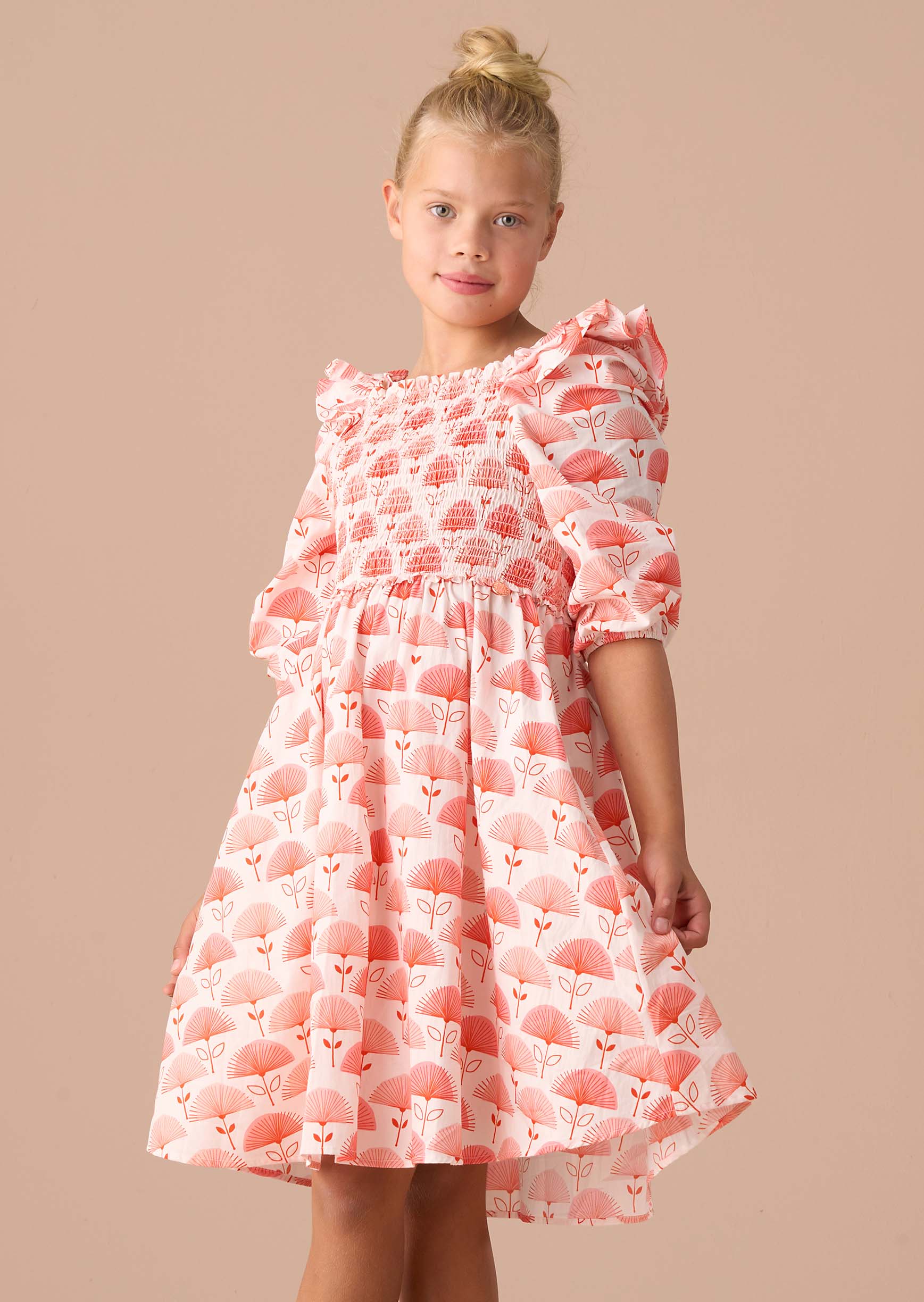 girls Pink Ruffle Shoulder Print Dress