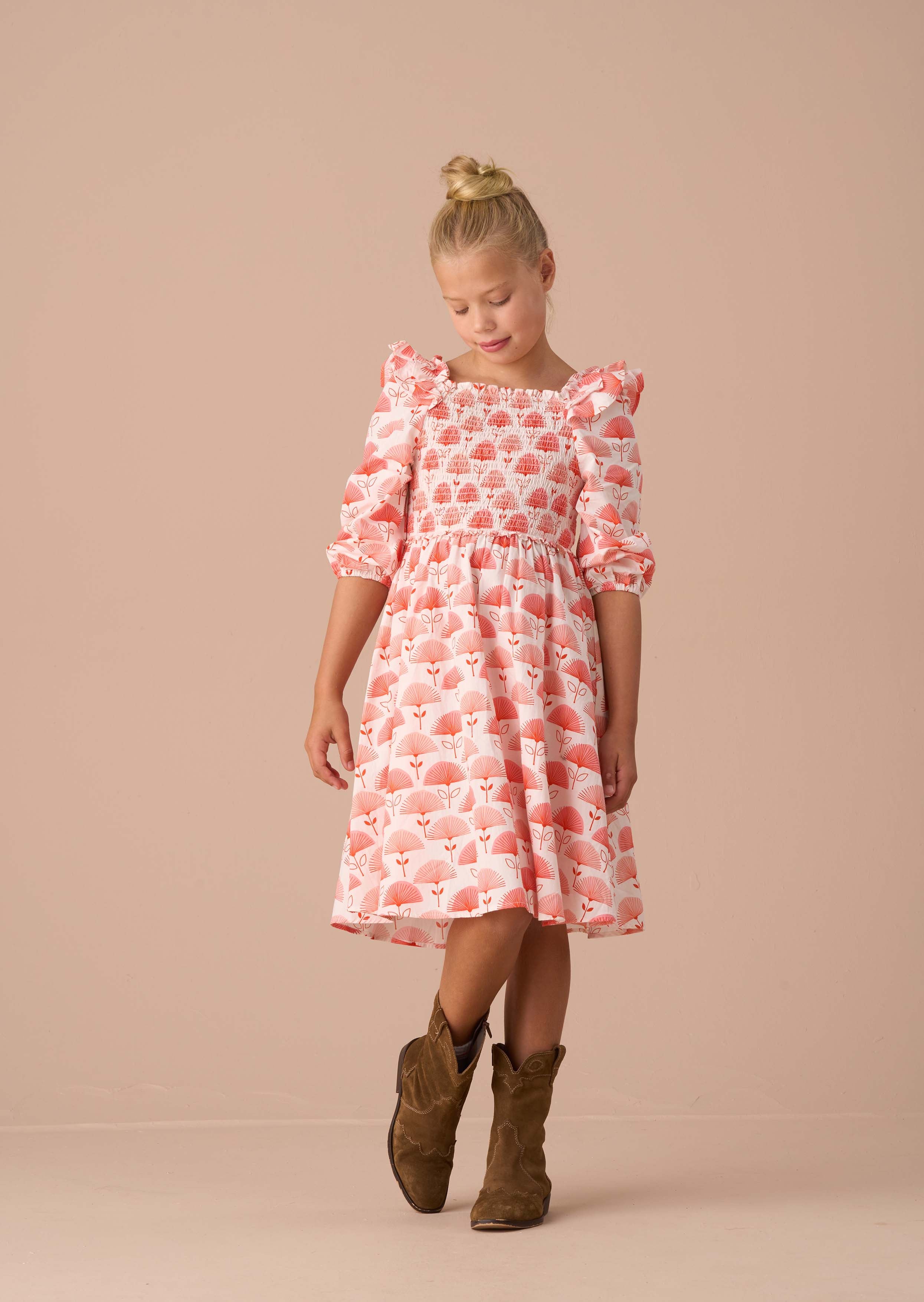 maxi girls pink ruffle shoulder print dress