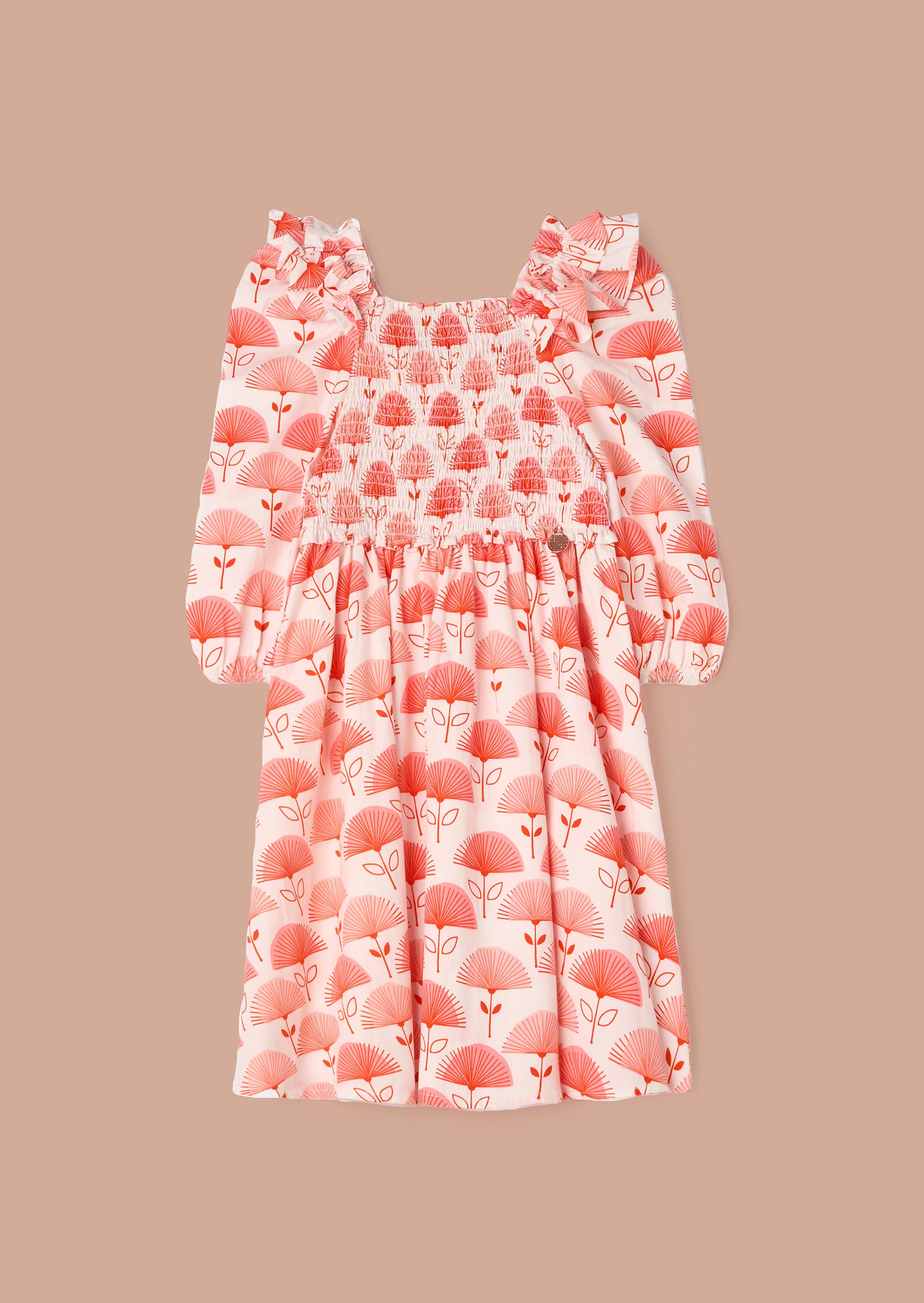 Cotton Pink Ruffle Shoulder Print Dress