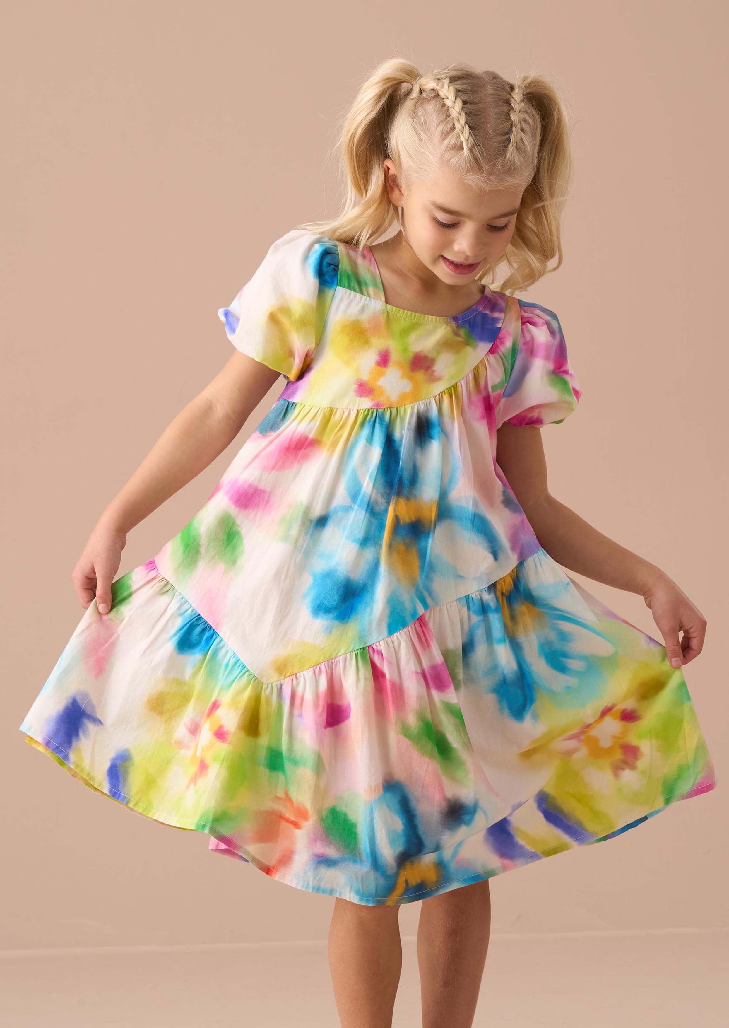 girls Multi Print Aysmmetric Dress