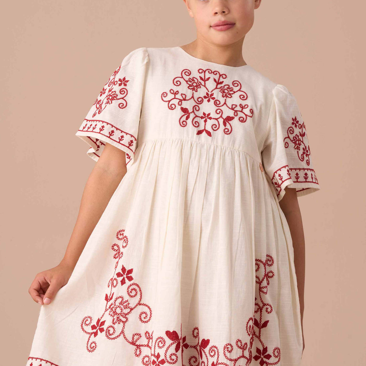 angel & rocket nude reyna embroidered swing dress Angel & Rocket Girls Embroidered Cream Dresses