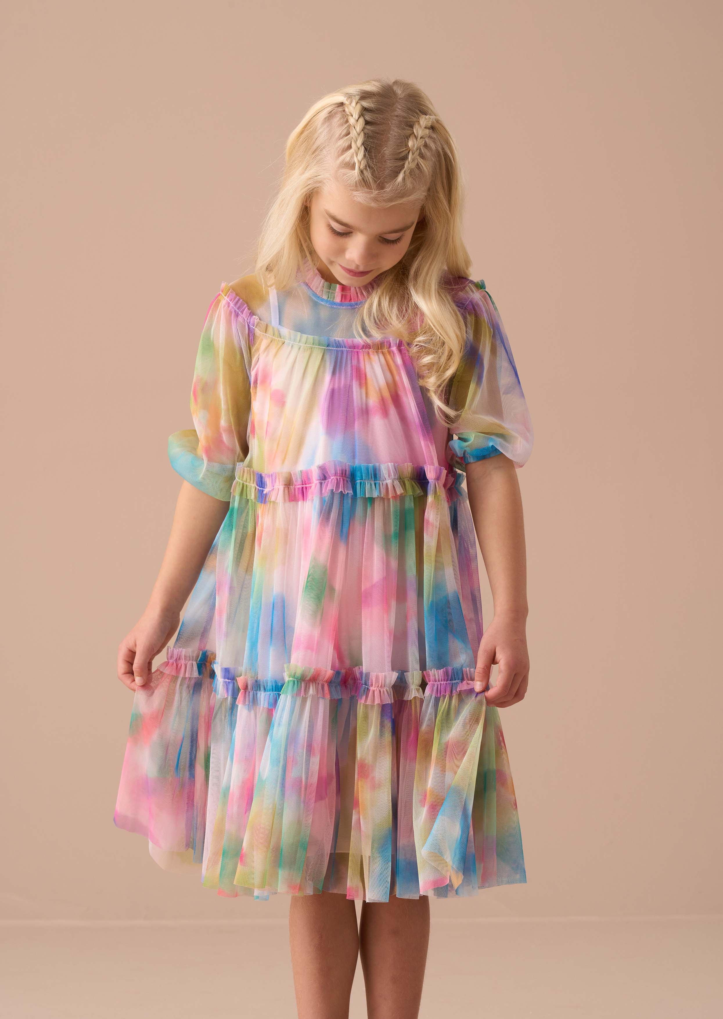 maxi girl multi printed swing mesh dress