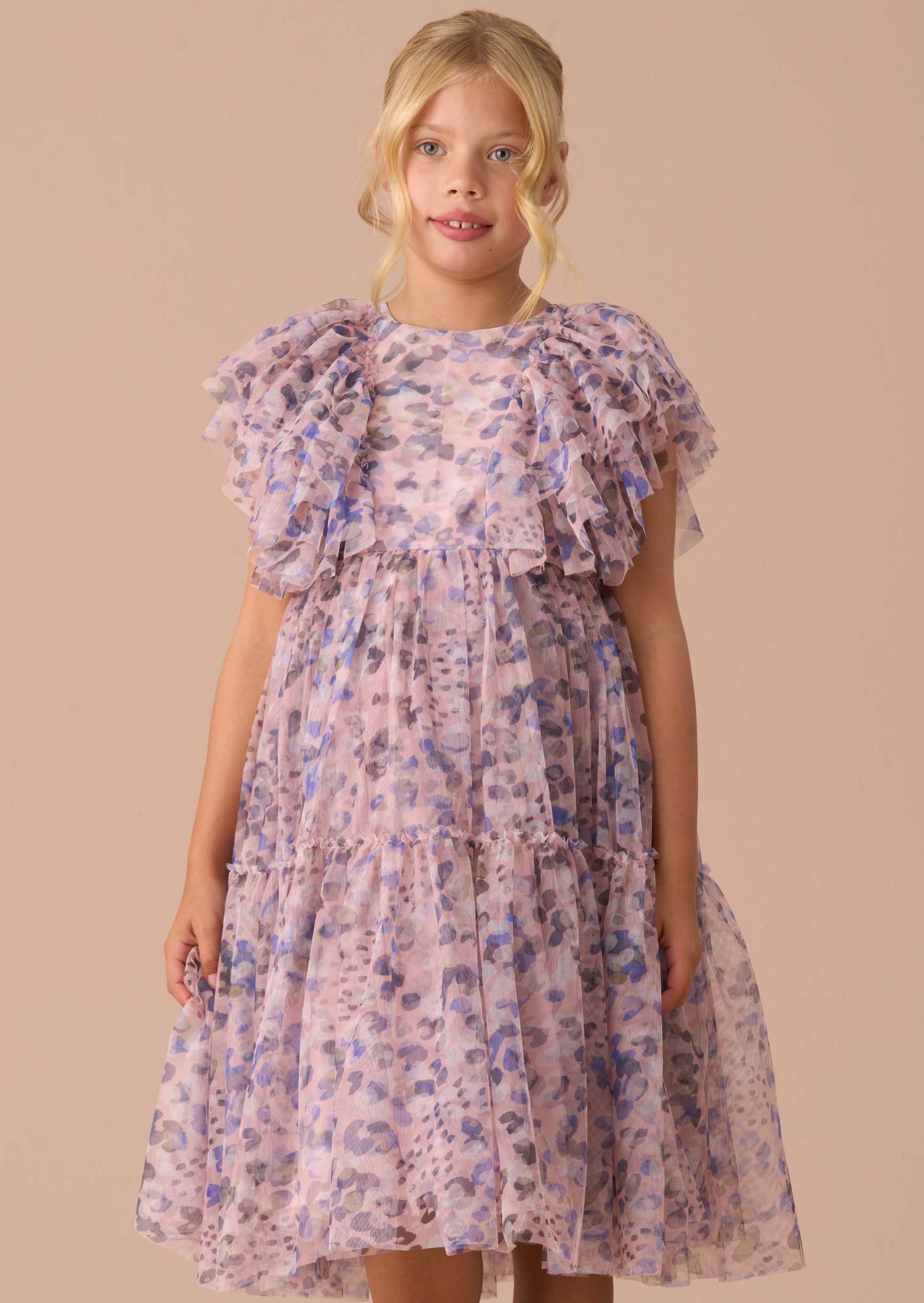 girls Pink Printed Frill Mesh Dress