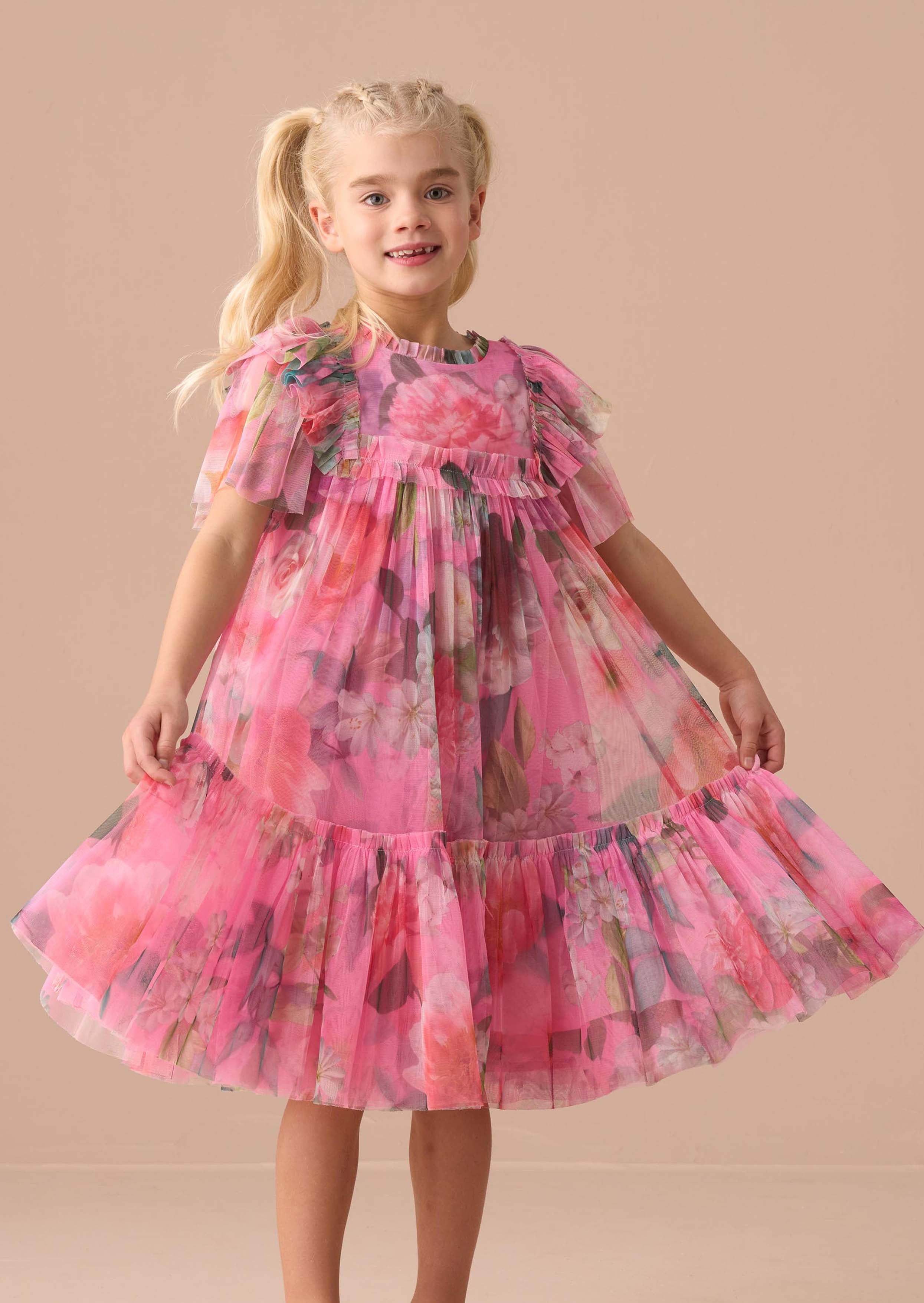 girls Pink Printed Tulle Dress