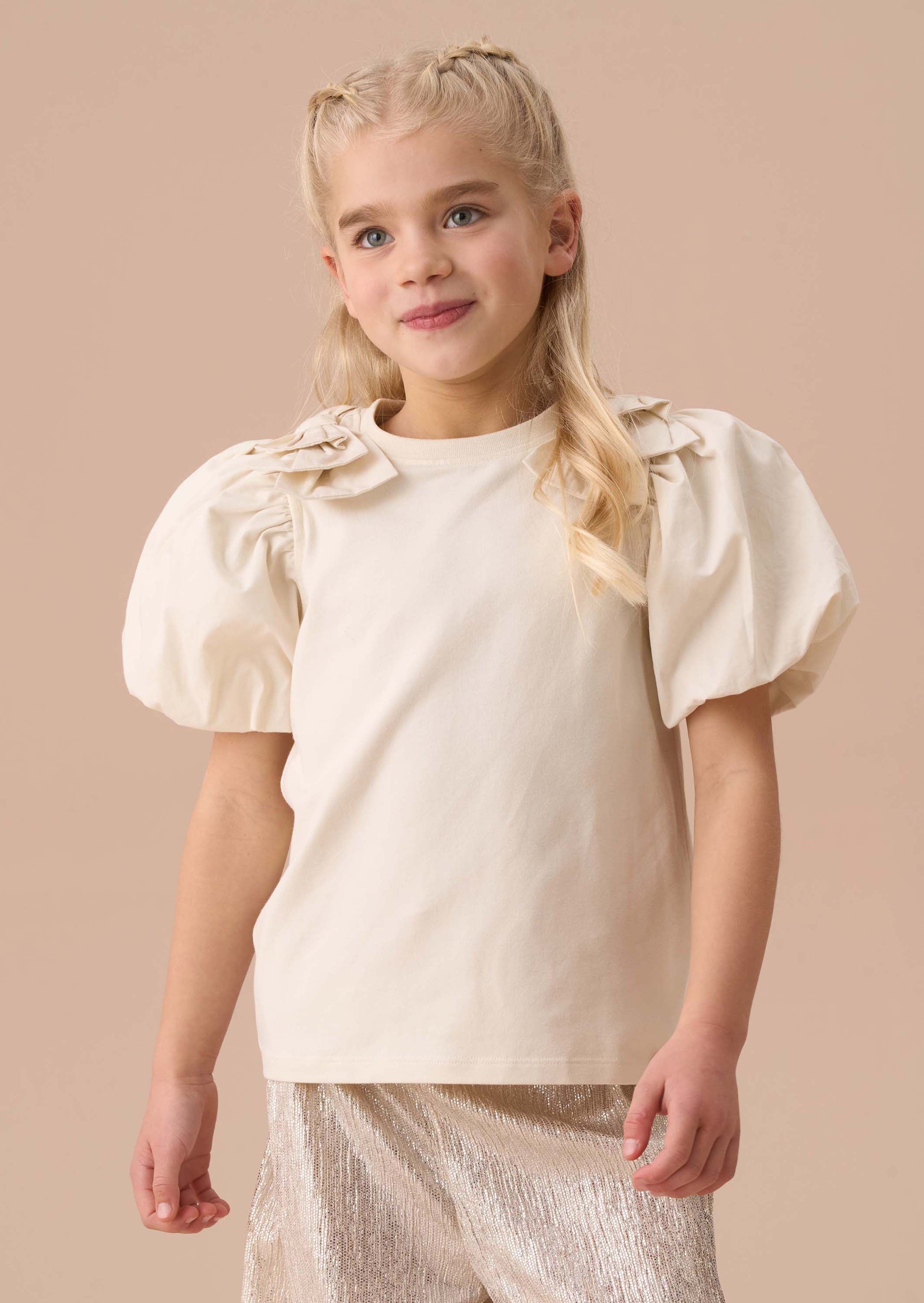 girls ivory bow shoulder puff sleeve top