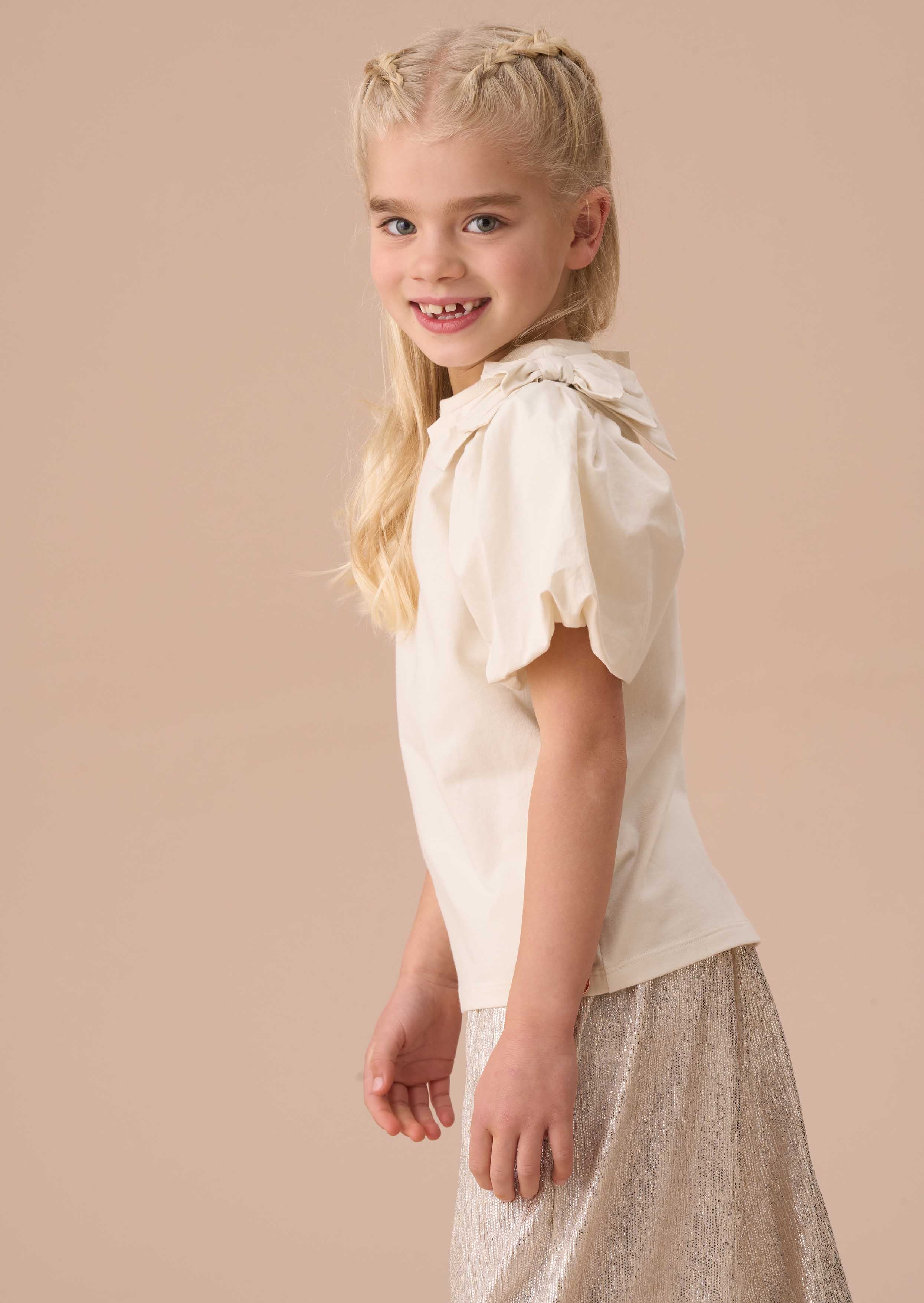 online girls ivory bow shoulder puff sleeve top