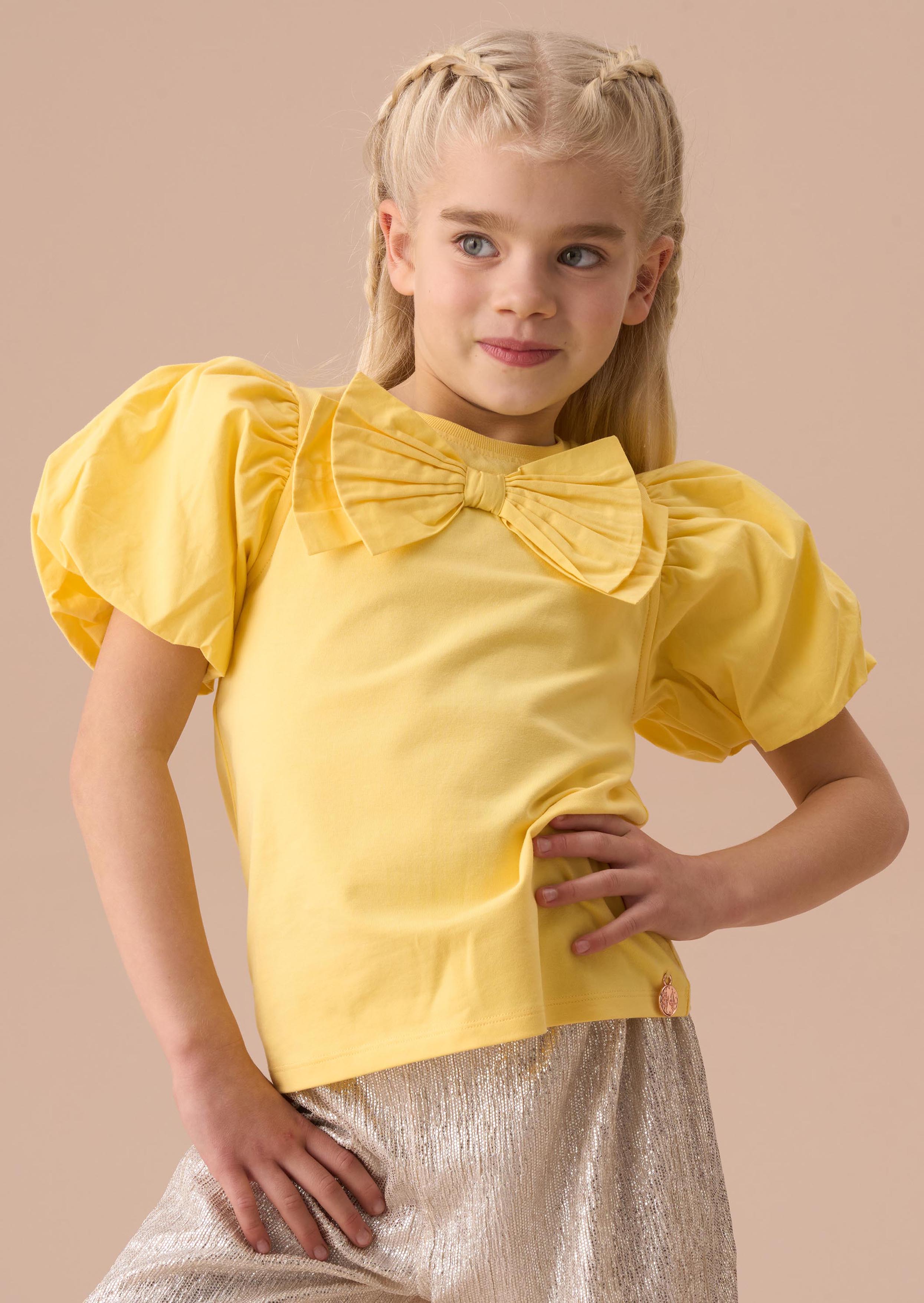 girls Yellow Bow Puff Sleeve Top