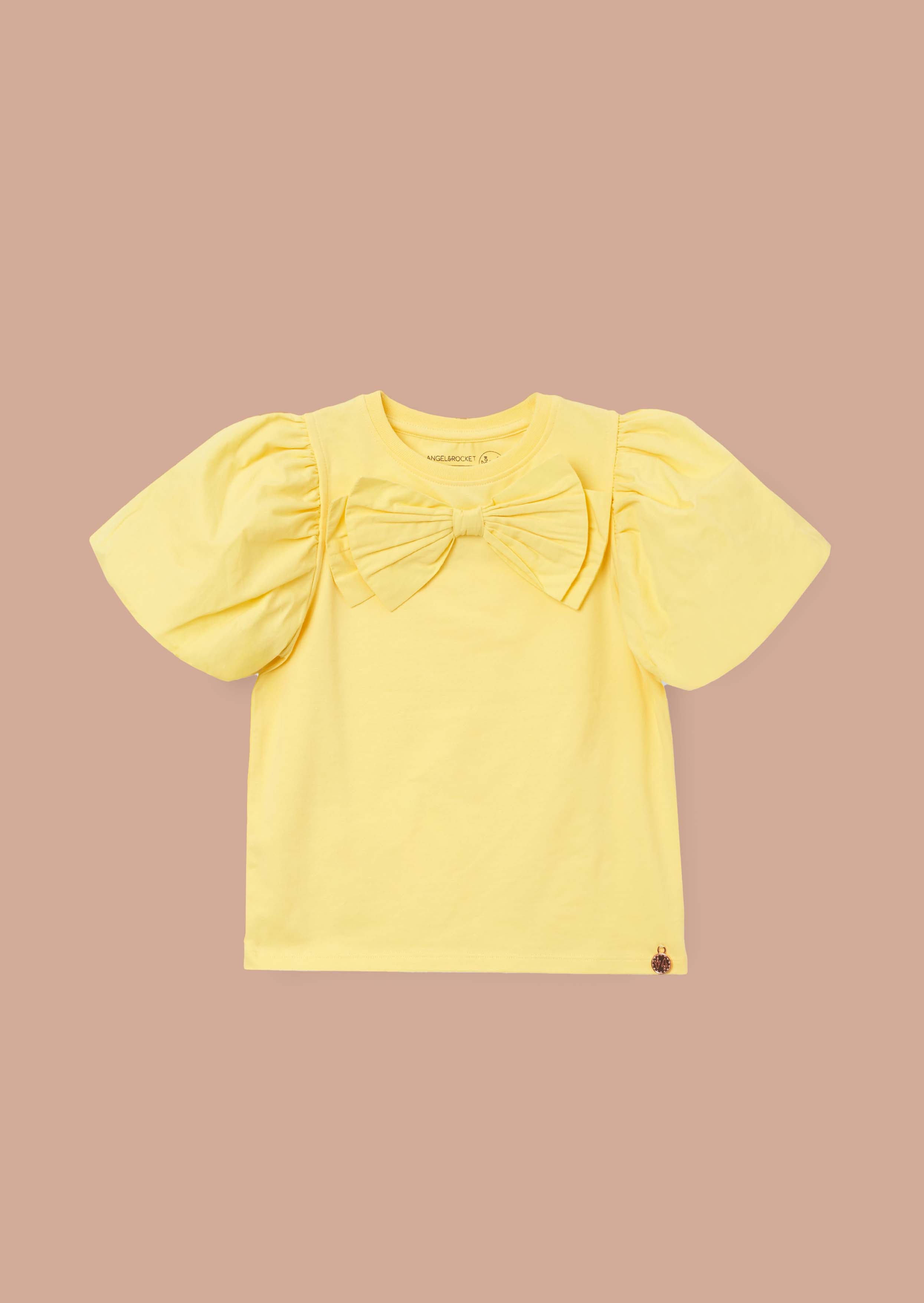 round neck girls yellow bow puff sleeve top