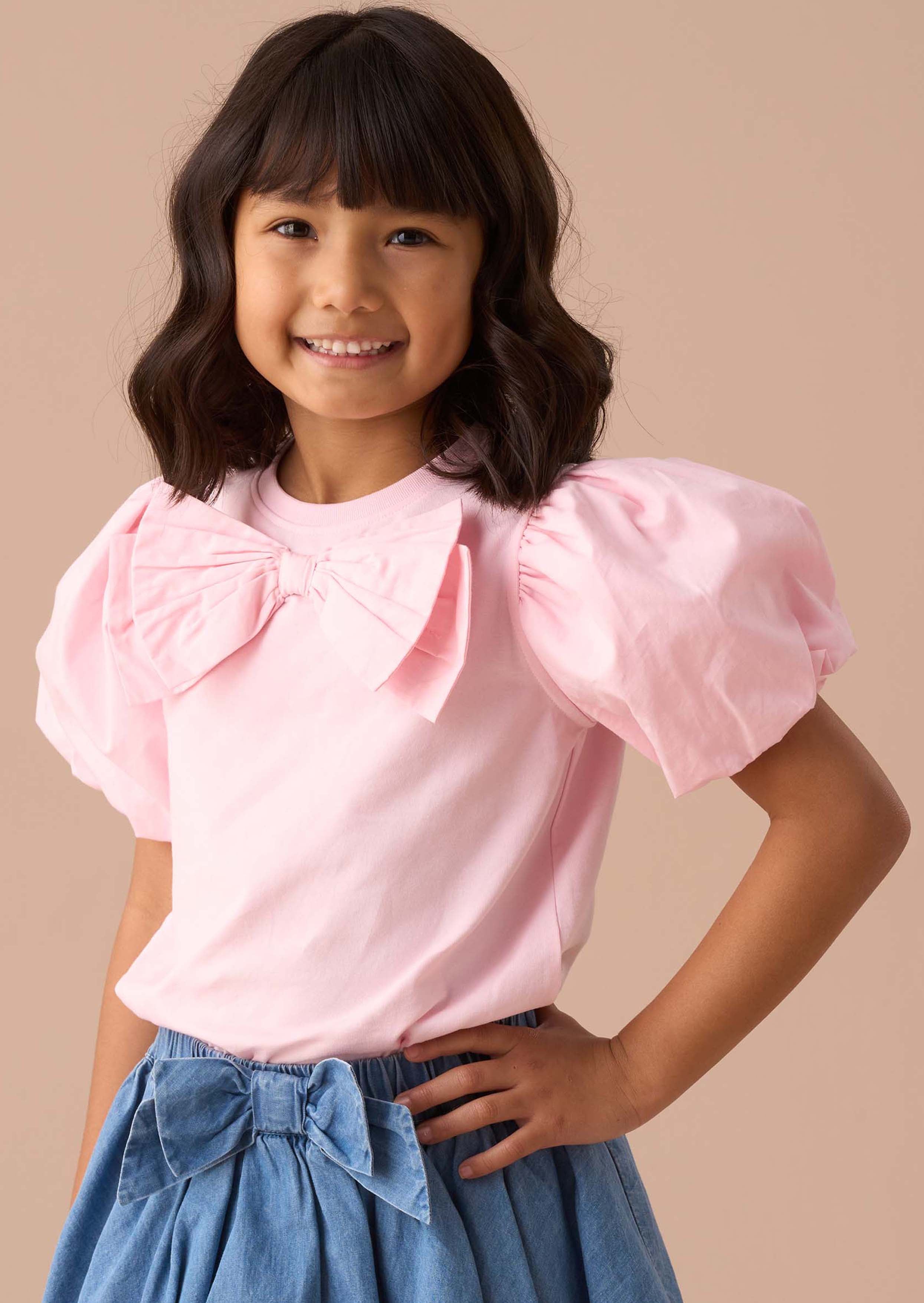 girls Pink Bow Puff Sleeve Top