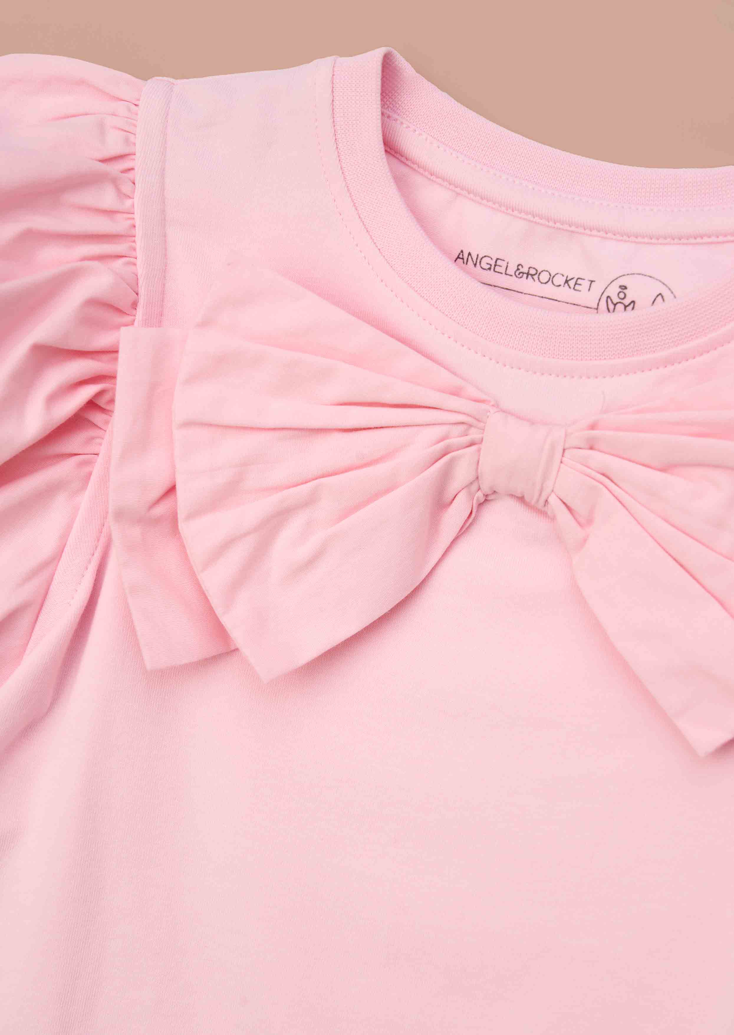 round neck girls pink bow puff sleeve top