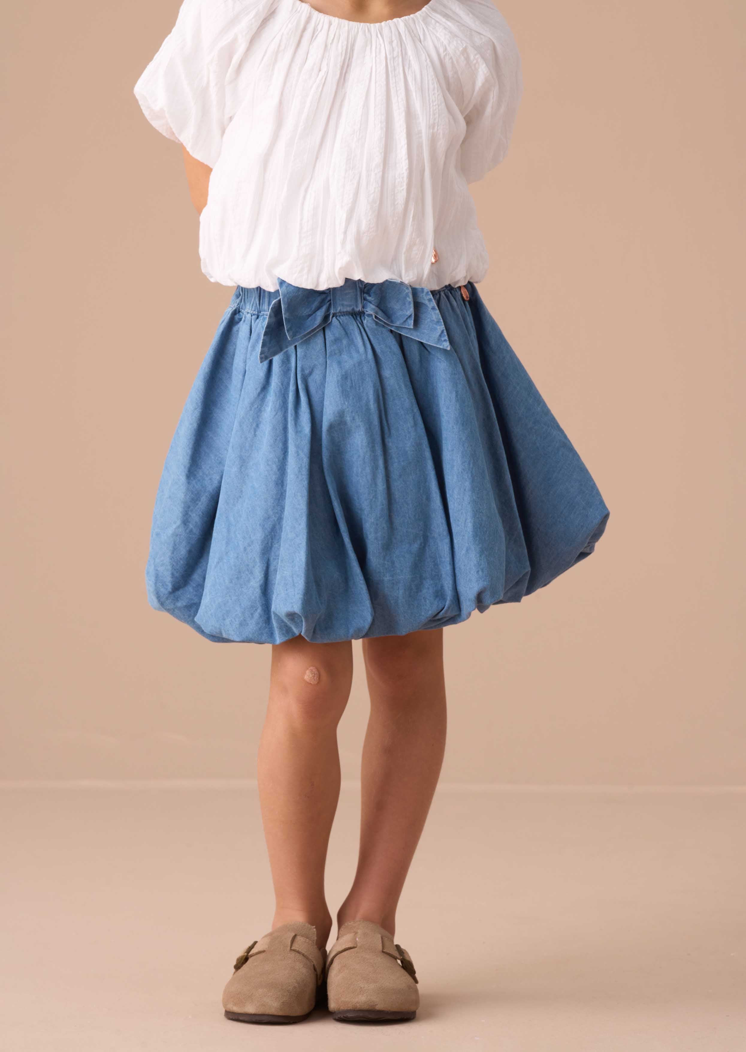 girls Blue Puffball Denim Skirt