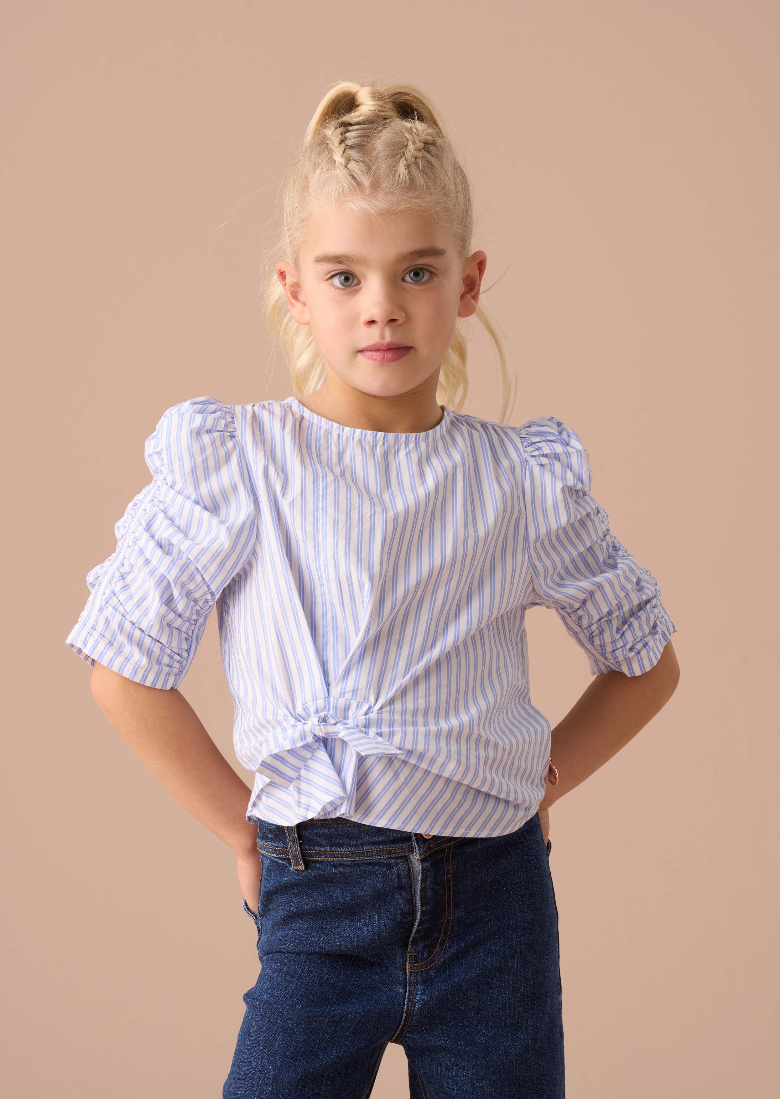 girls Blue Stripe Tie Front Blouse