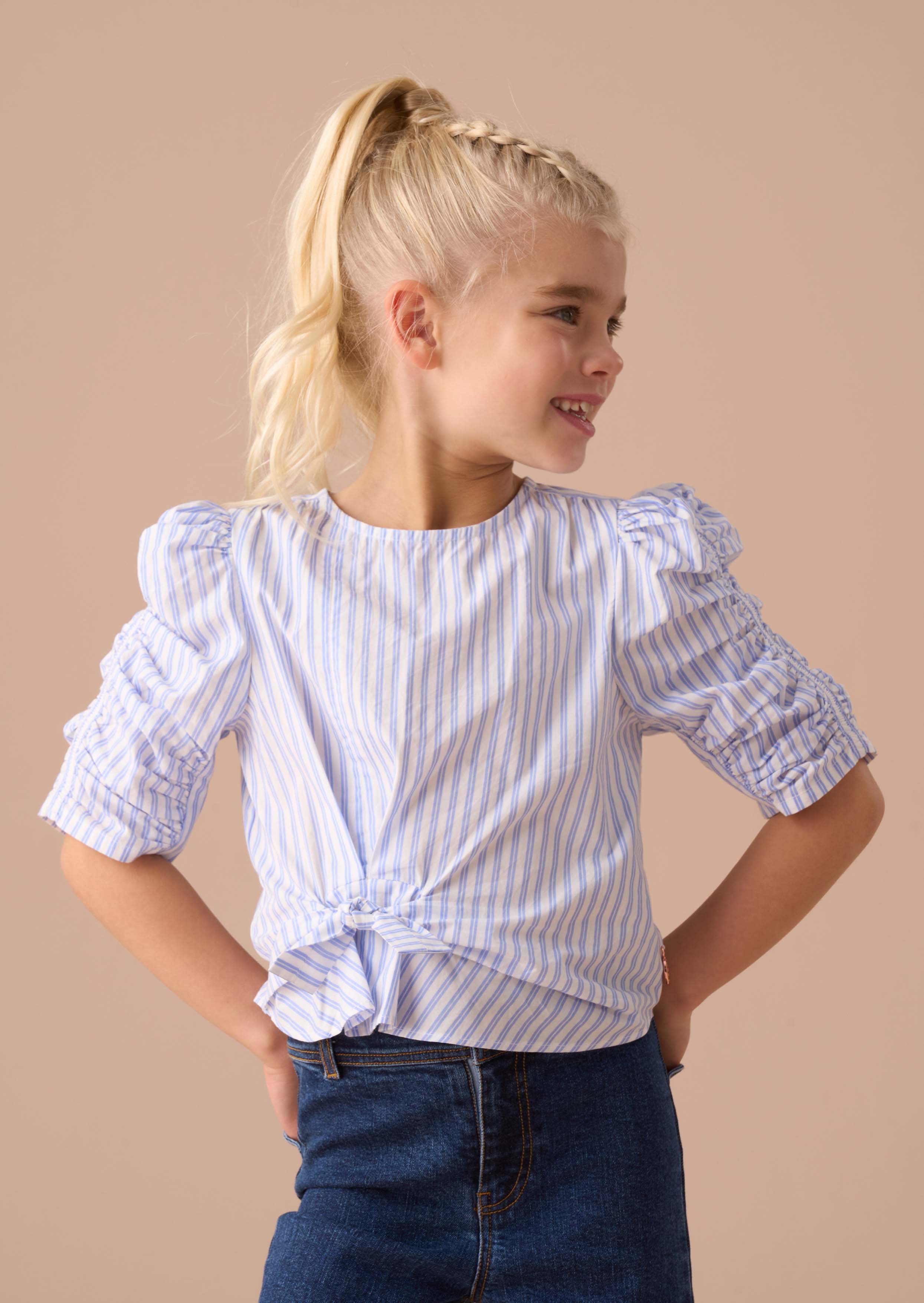 Striped Blue Tie Front Blouse