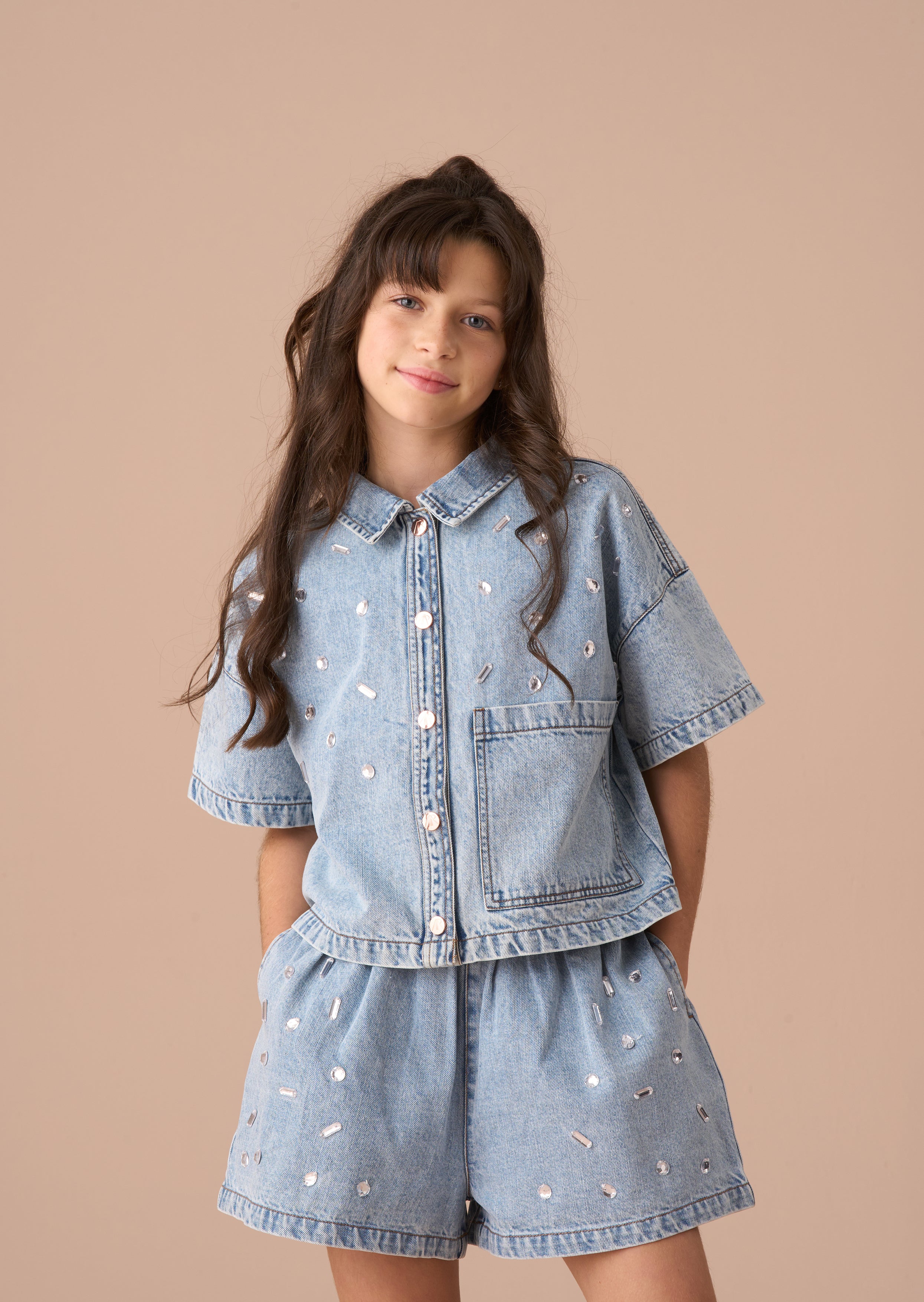 Zeta Blue Diamonte Short Sleeve Denim Shirt