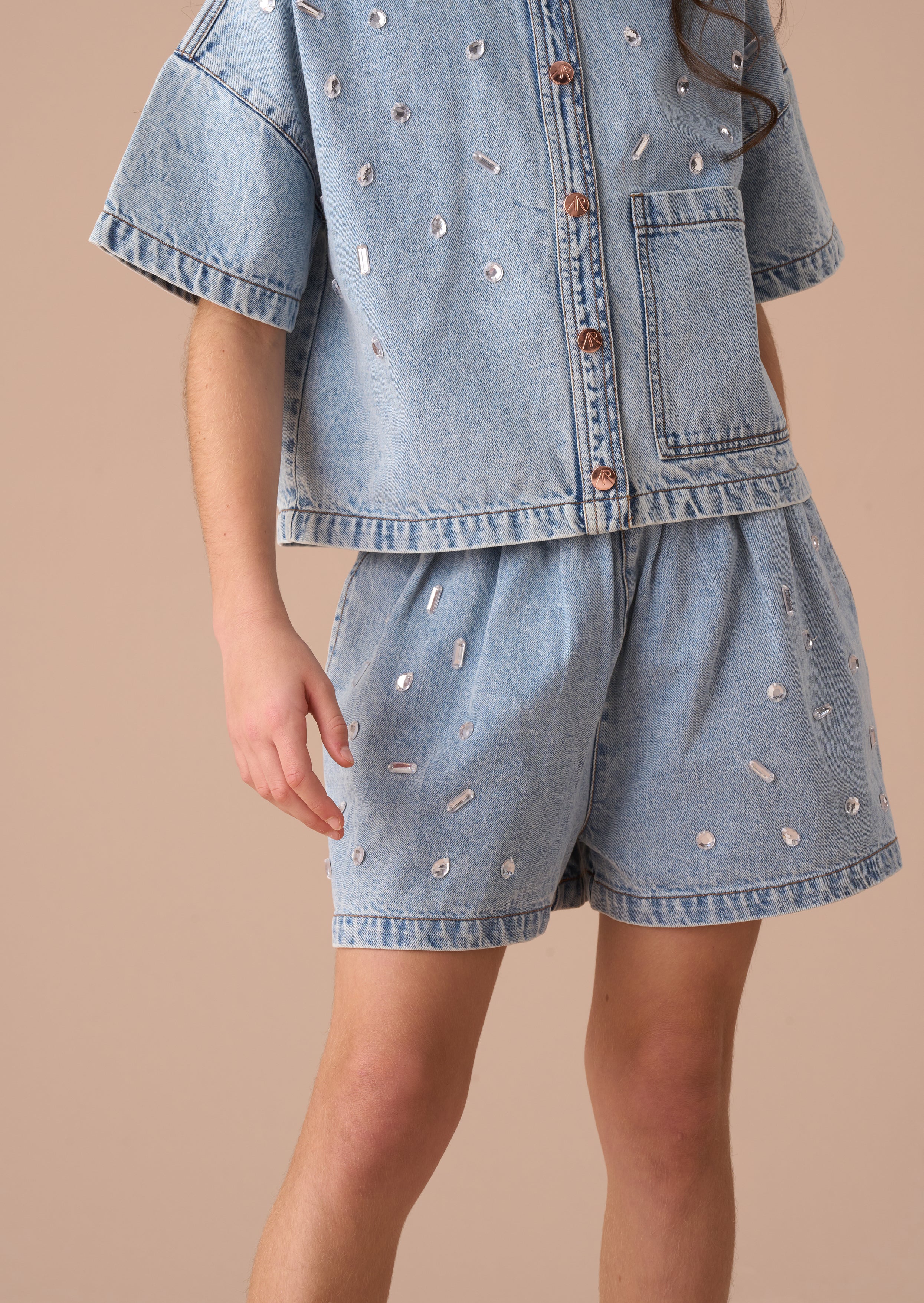 Zeta Denim Diamonte Pull On Short