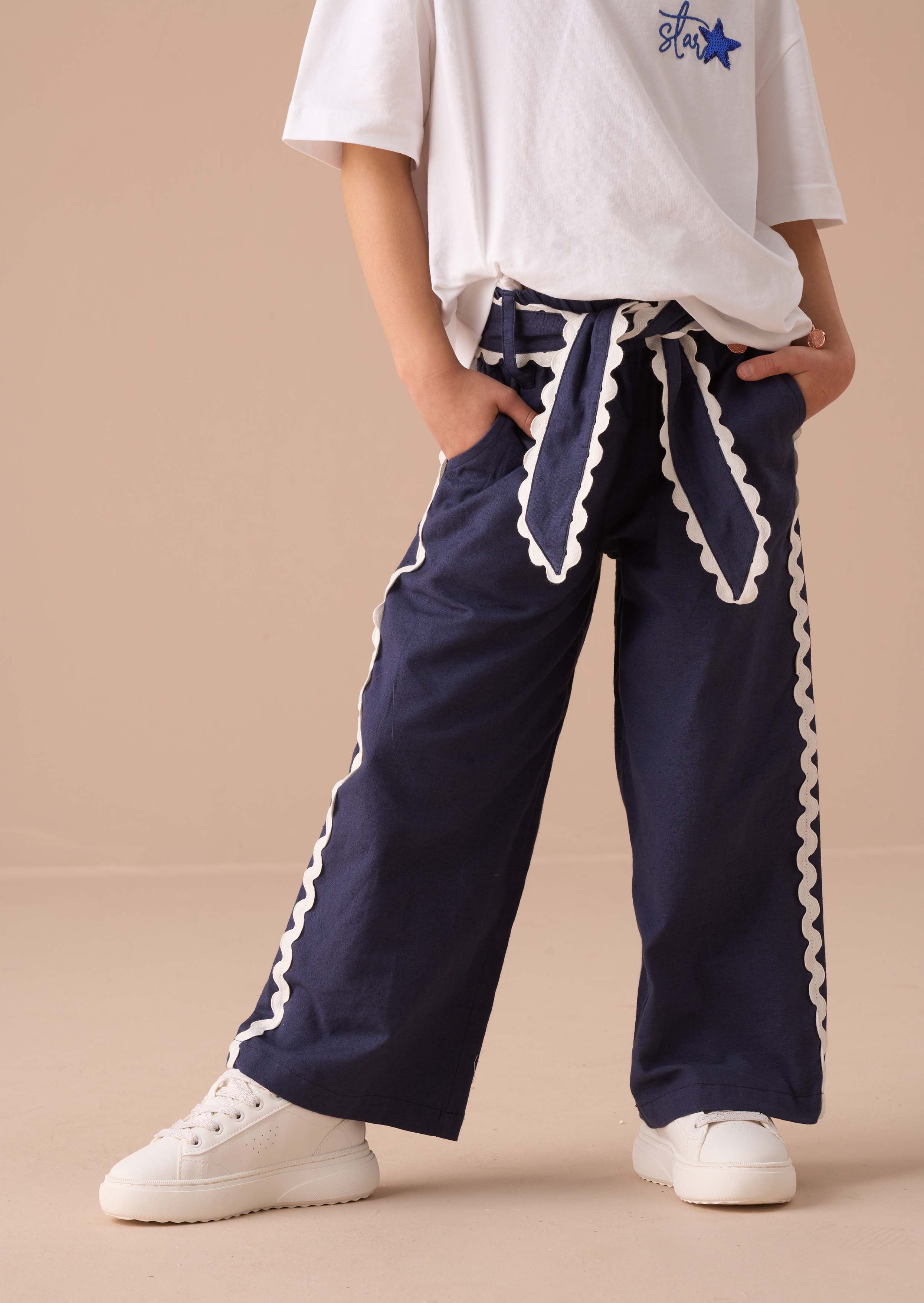 girls Navy Linen Blend Trousers