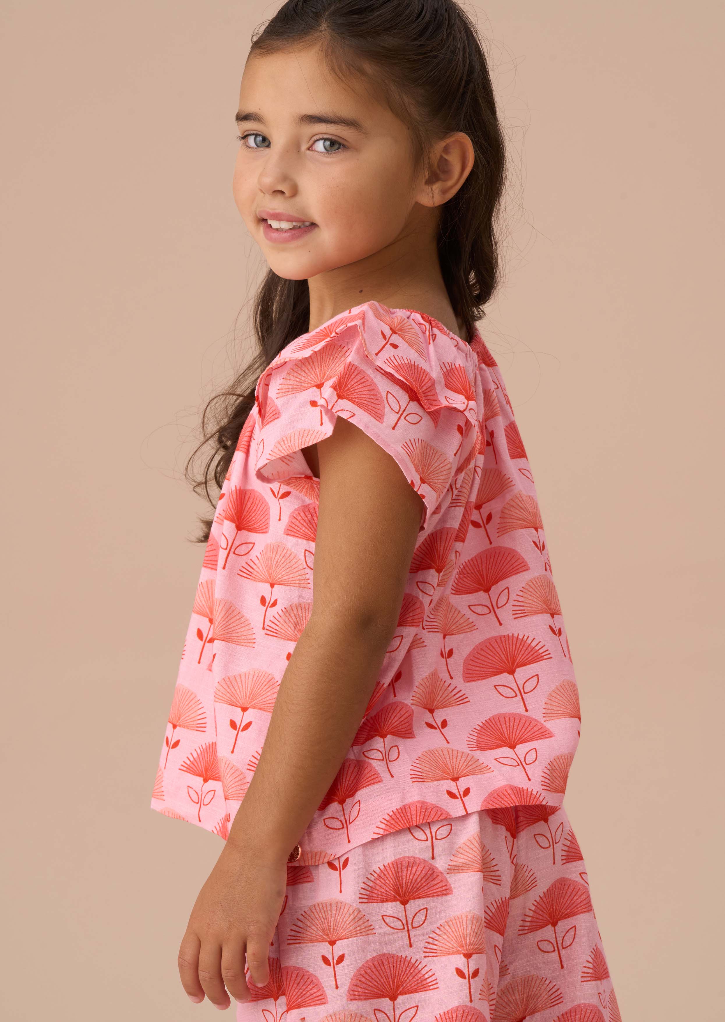 printed Girls Carman Pink Fan Floral Top