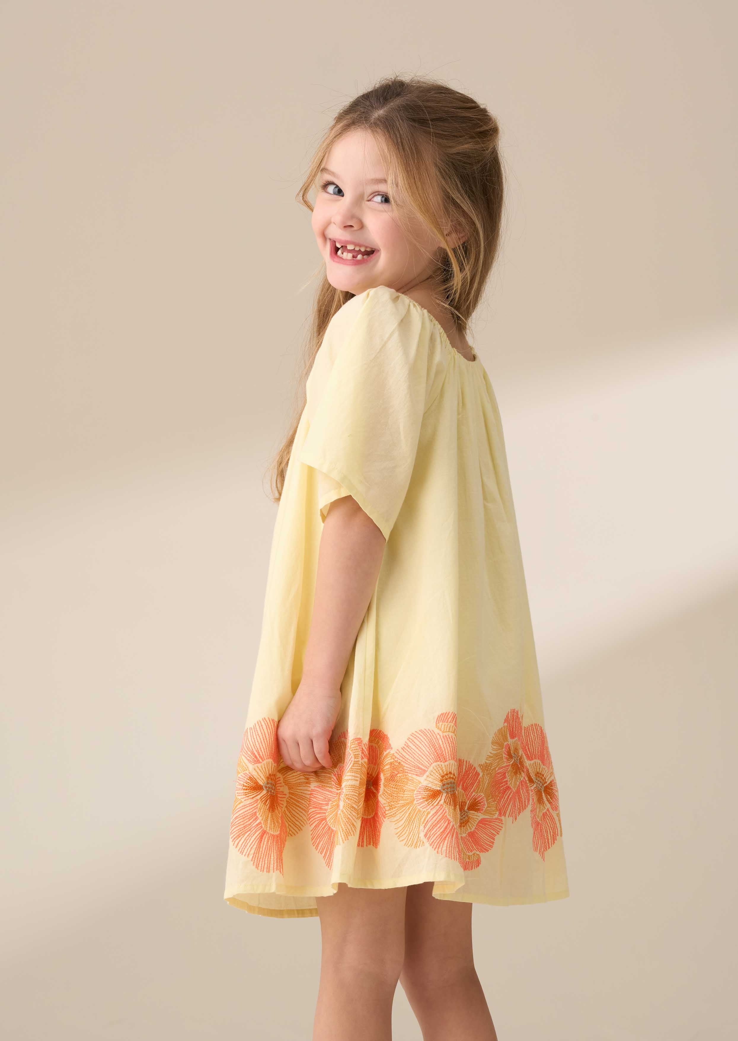 midi girl yellow embroidered swing dress