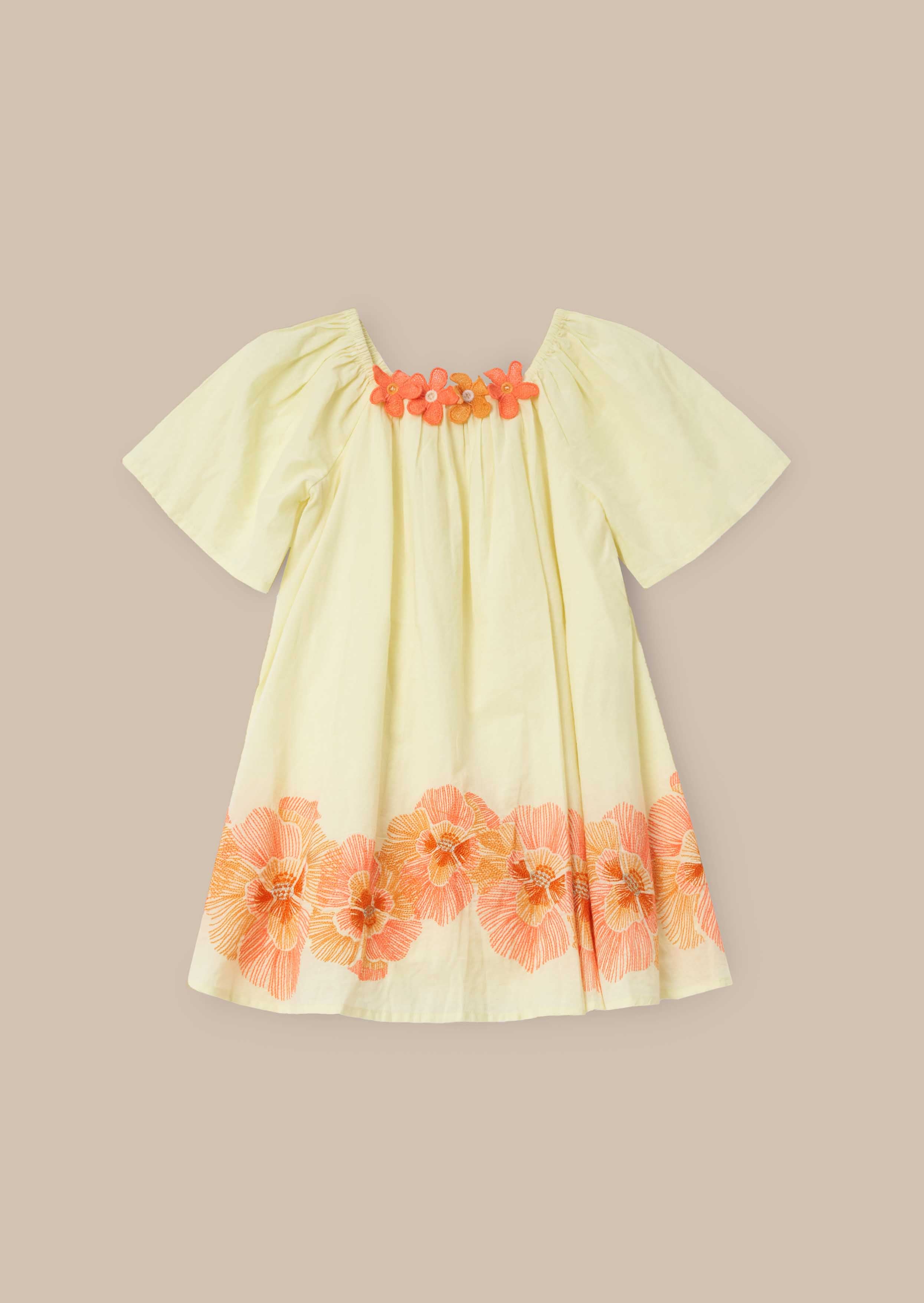 cotton Yellow Embroidered Swing Dress