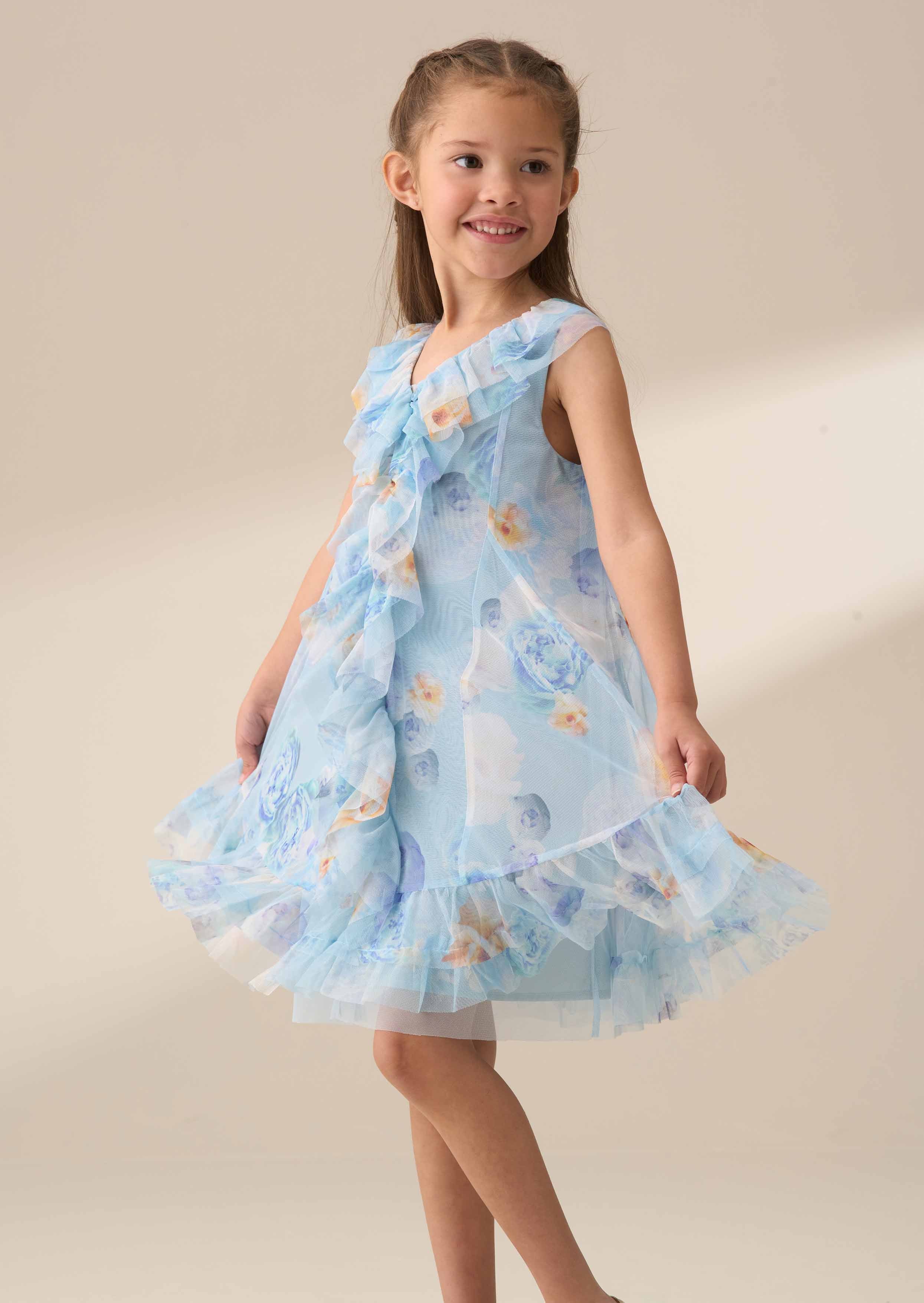 Lia Blue Printed Frill Mesh Dress