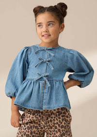 Rochelle Blue Denim Peplum Bow Top
