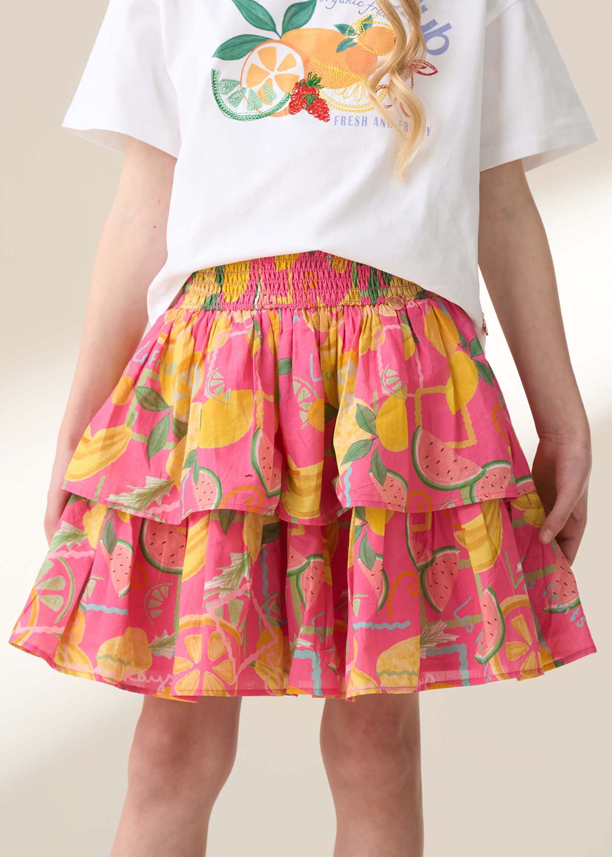 Eliana Pink Tiered Fruit Print Skirt