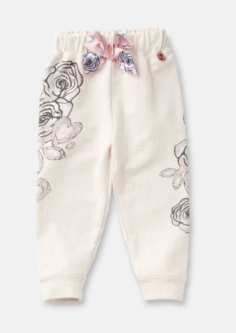 Girls Floral Printed Cotton Cream Joggers