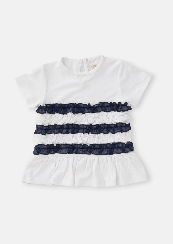 Girls White and Navy Ribbon Frill Striped Top