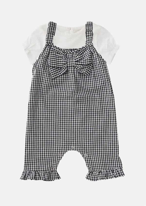 Girls Black and White Checked Cotton Playsuit