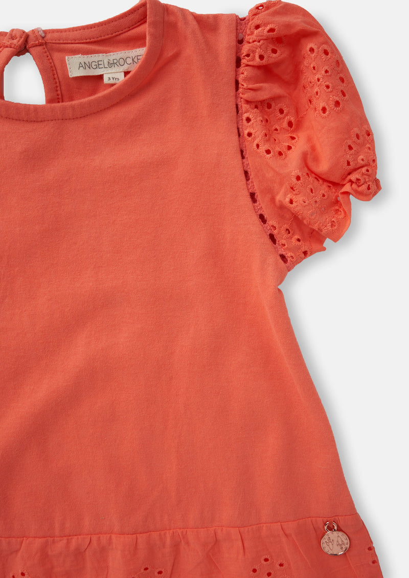 Girls Embroidered Orange Cotton Top with Puff Sleeves