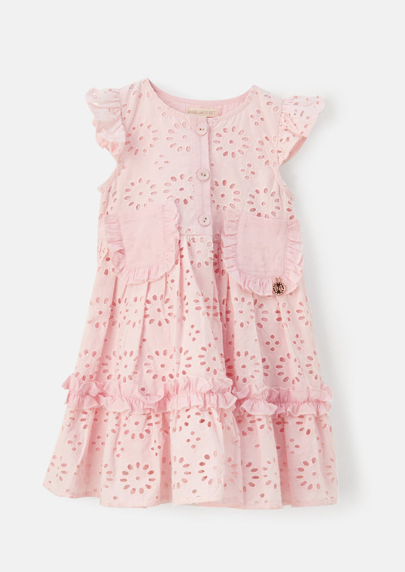 Baby Girl Floral Embroidered Cotton Pink Dress with Pocket