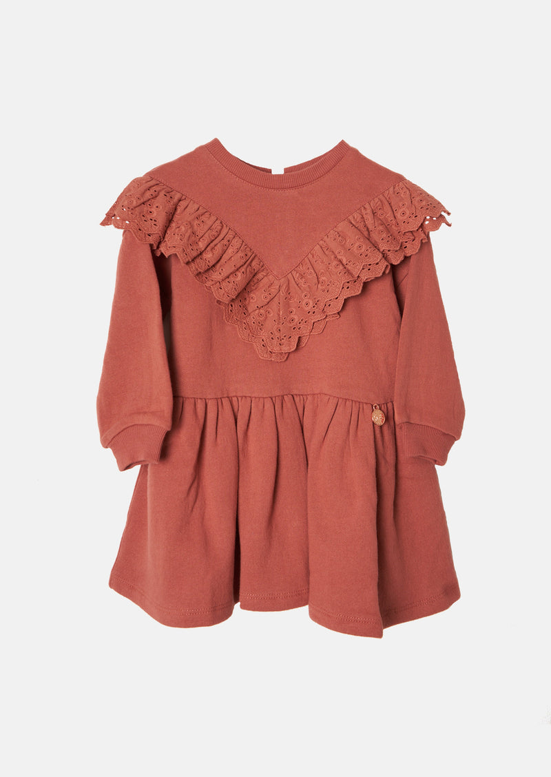 Girls Embroidered Frill Solid Brown Dress
