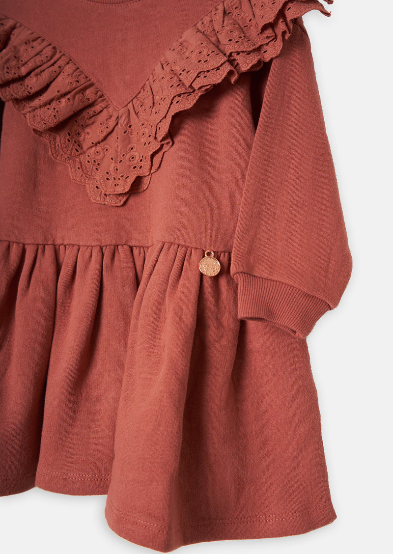 Girls Embroidered Frill Solid Brown Dress