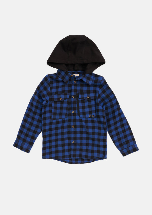 Boys Blue Checked Full Sleeve Shirt with Hooded