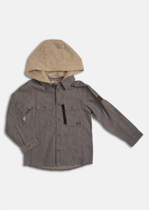Boys Solid Brown Full Sleeve Shirt with Hooded