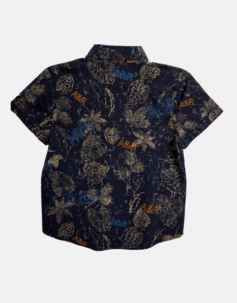 Boys Leaf Printed Half Sleeve Navy Shirt