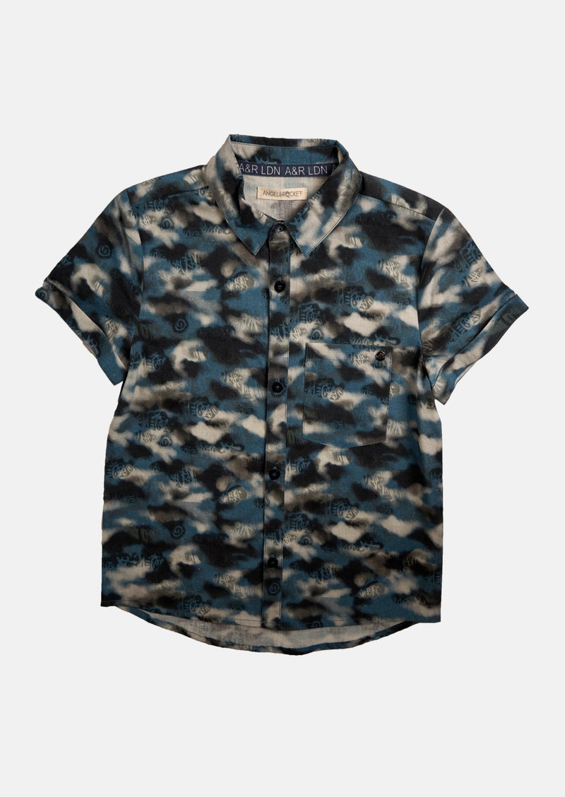 Boys Camo Printed Half Sleeve Blue Shirt