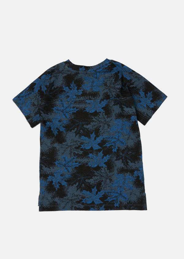 Boys Leaf Printed Cotton Blue Half Sleeve T-Shirt