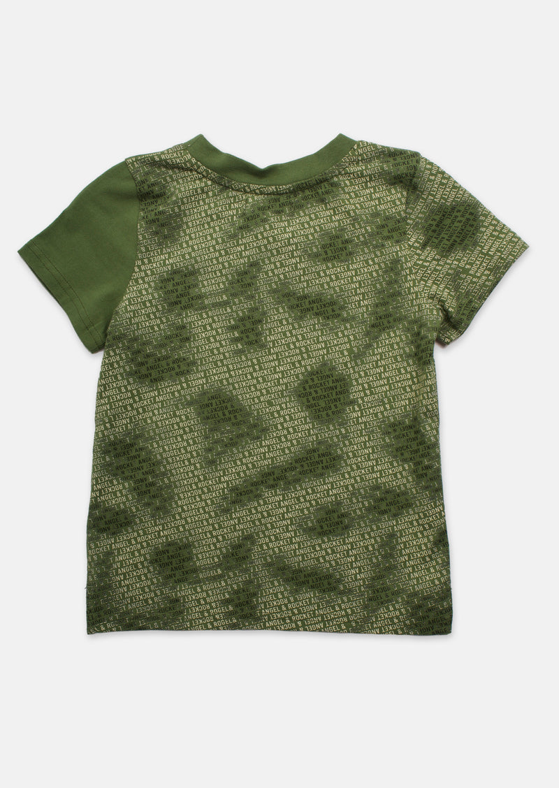 Boys Color Block Printed Green T-Shirt with Pocket