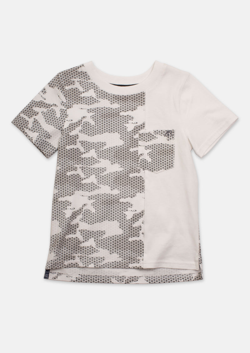 Boys Color Block Printed White T-Shirt with Pocket