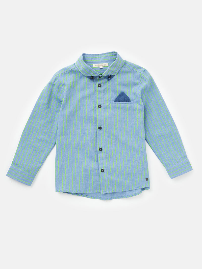 Boys Blue Lime Striped Full Sleeves Cotton Shirt