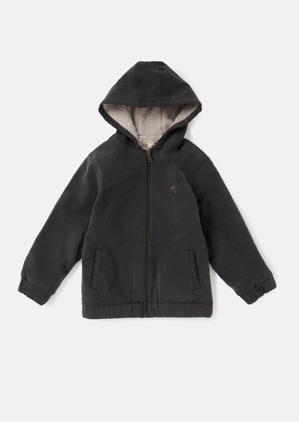 Boys Self Textured Grey Denim Jacket with Hood